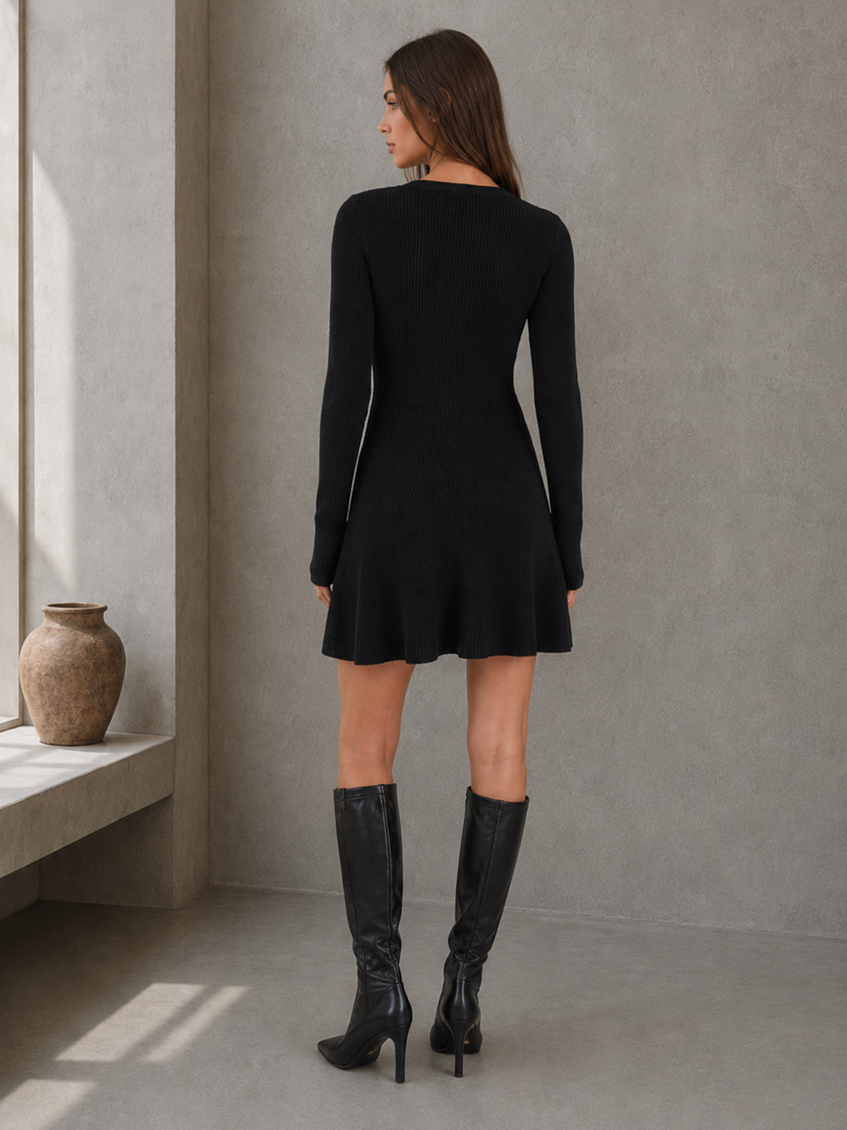 Women’s Black Timeless Ribbed Knit V Neck Long Sleeve A-Line Mini Dress
