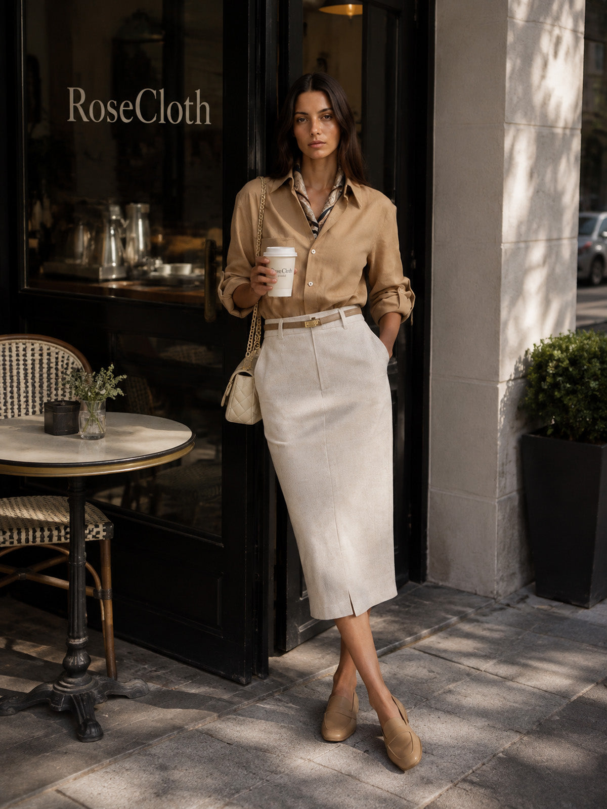 Women’s Beige Minimalist Linen Blend Button Shirt and White Midi Skirt Set with Belt Detail