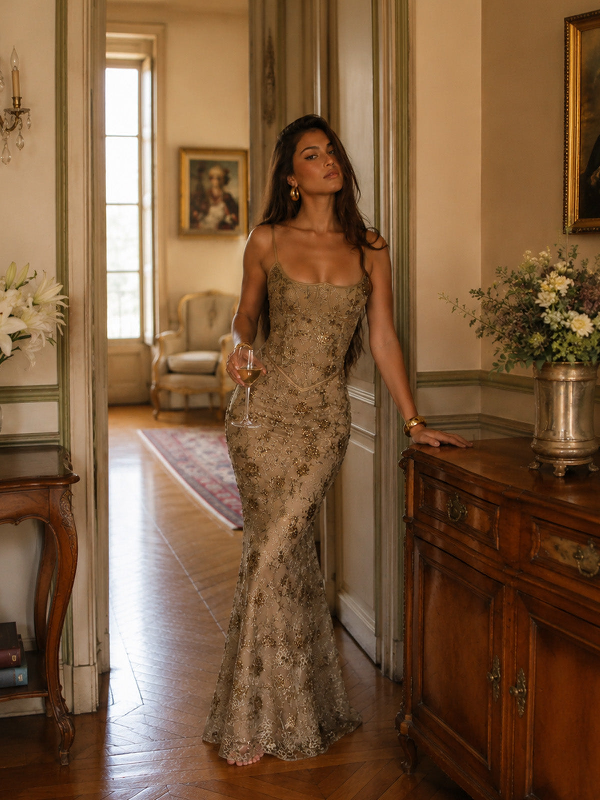 Women’s Champagne Luxe Embroidered Mesh Spaghetti Strap Mermaid Maxi Dress