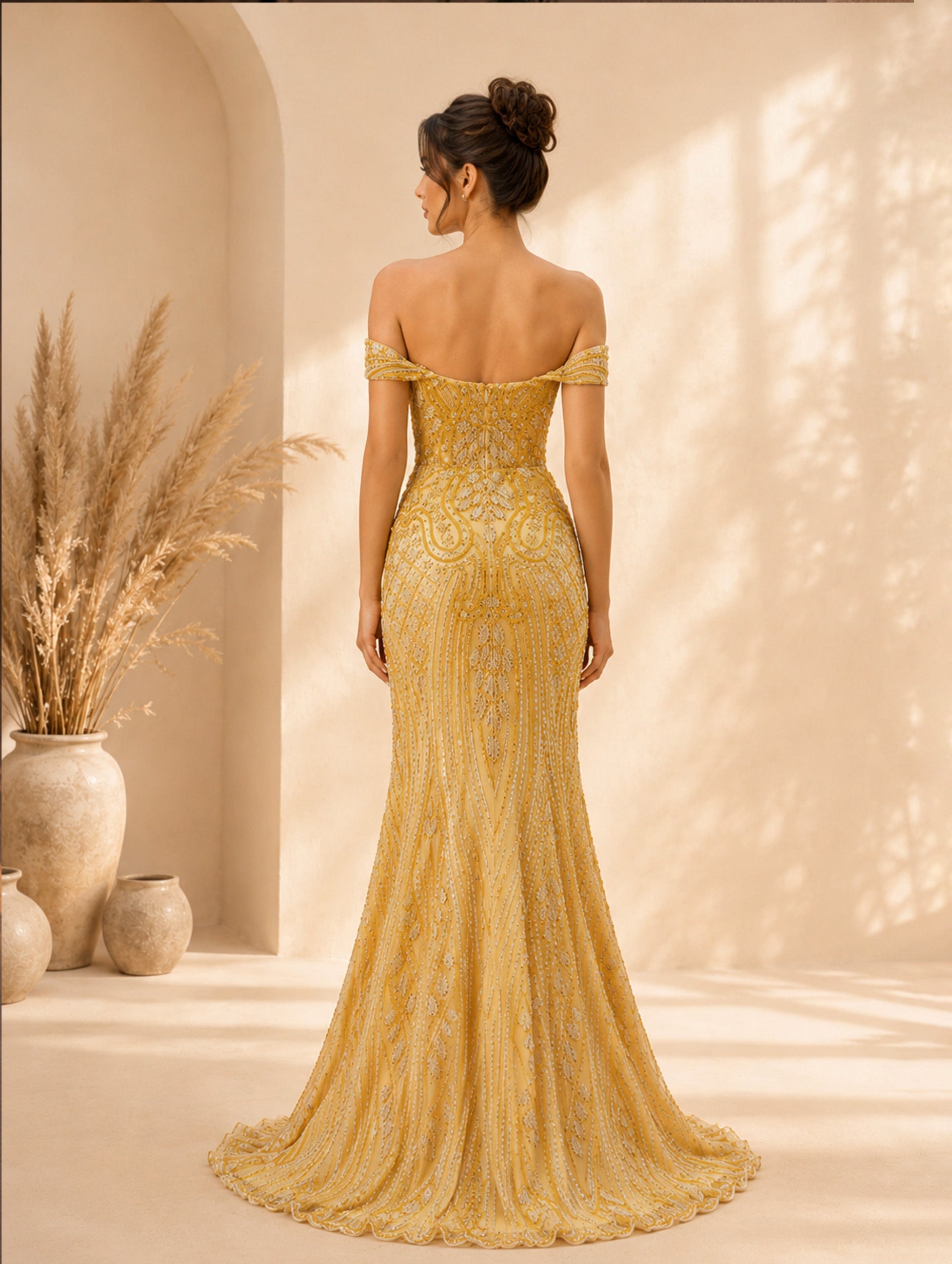 Women’s Gold Elegant Sequin Off-Shoulder Short Sleeve Regular Maxi Dress with Beaded Detail and High Slit
