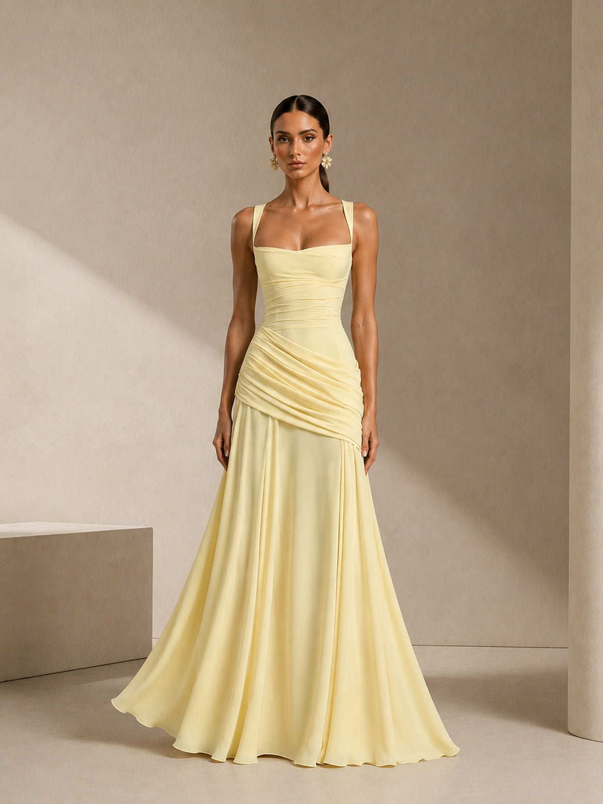 Women’s Yellow Elegant Ruched Square Neck Sleeveless Maxi Dress