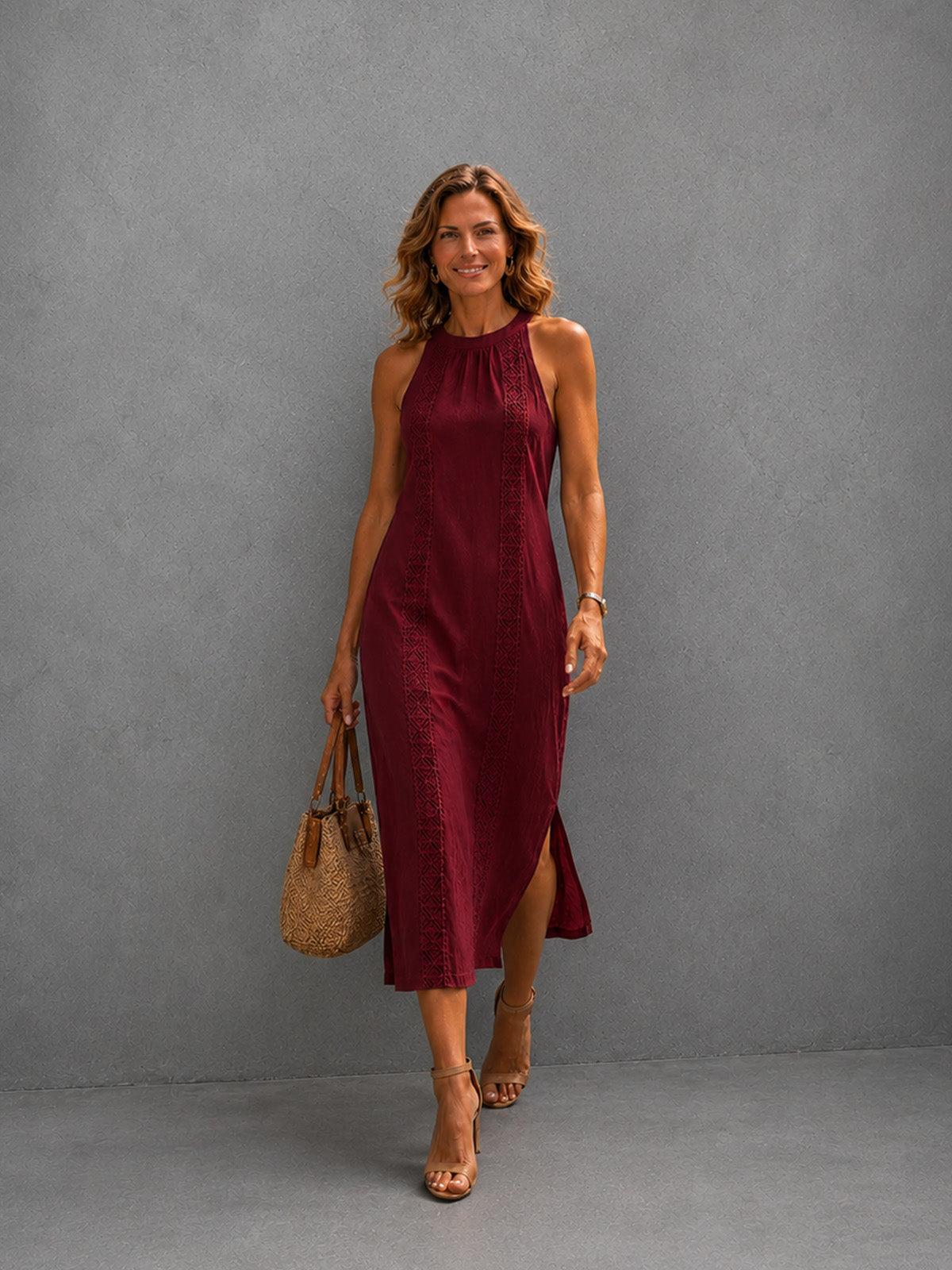 Women’s Sky Blue Elegant High-Neck Sleeveless Regular Midi Daily Dress