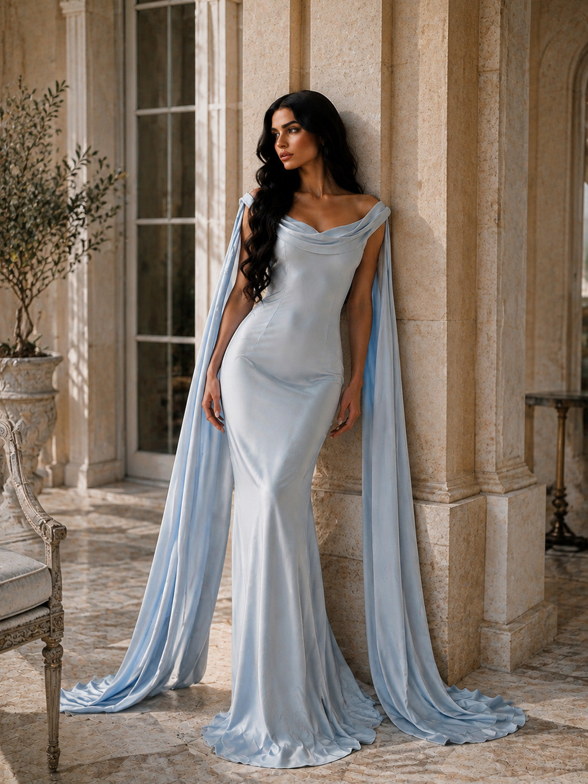 Women’s Light Blue Luxurious Satin Off Shoulder Cape Sleeve Mermaid Maxi Dress