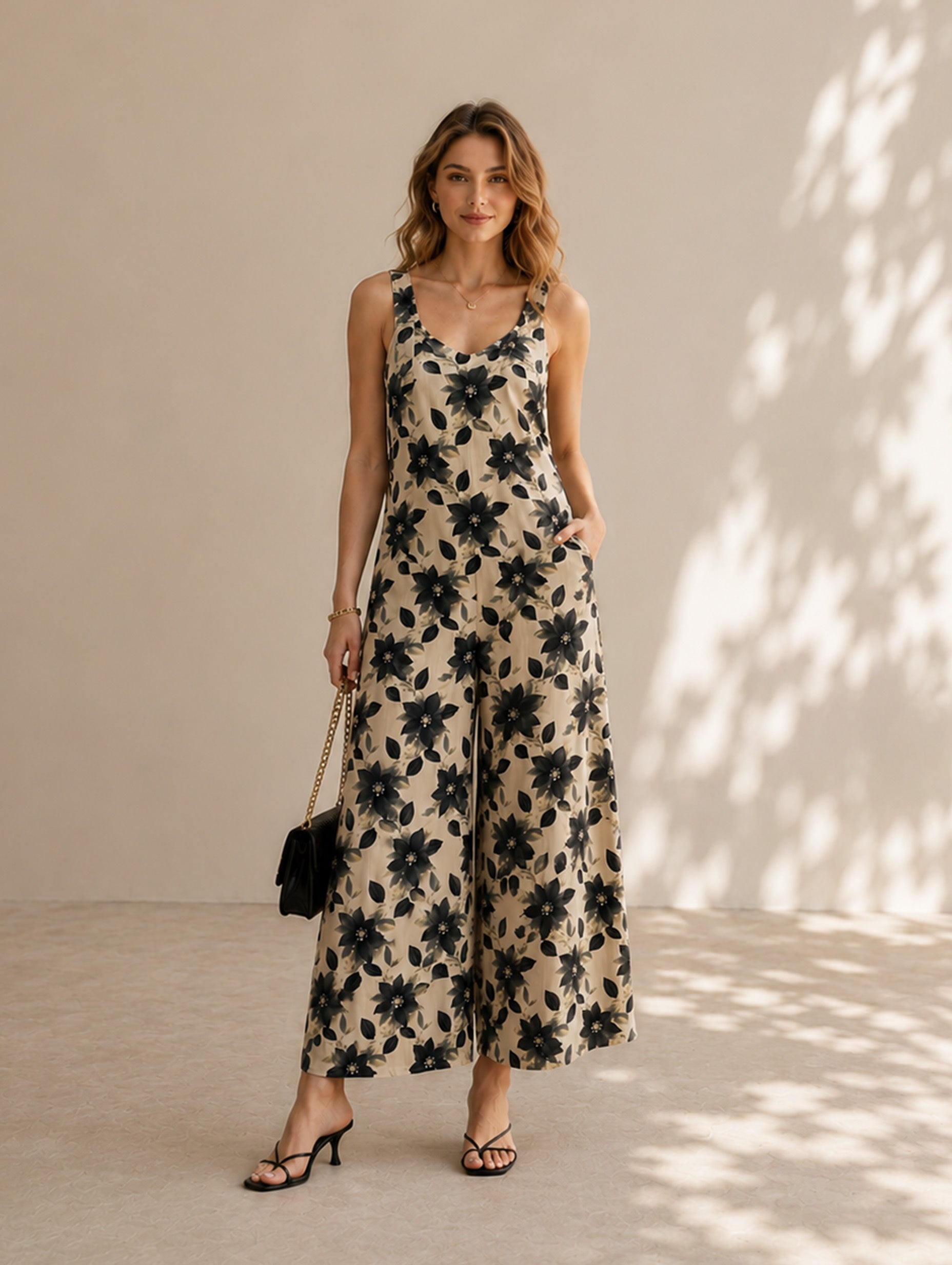 Women’s Beige Black Floral Korean Chic Lightweight Woven V-Neck Sleeveless Regular Cropped Wide-Leg Jumpsuit with Floral Print