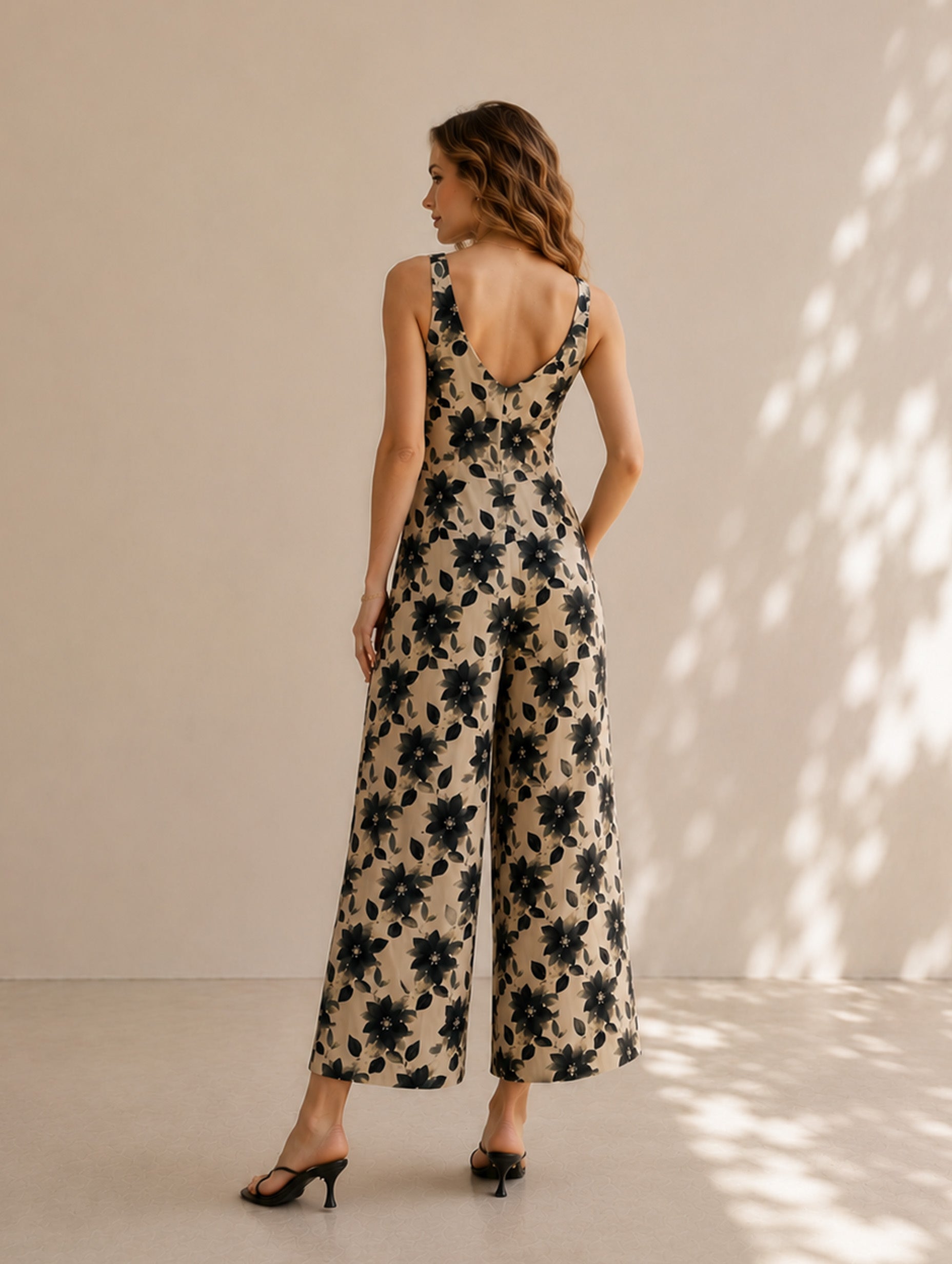 Women’s Beige Black Floral Korean Chic Lightweight Woven V-Neck Sleeveless Regular Cropped Wide-Leg Jumpsuit with Floral Print