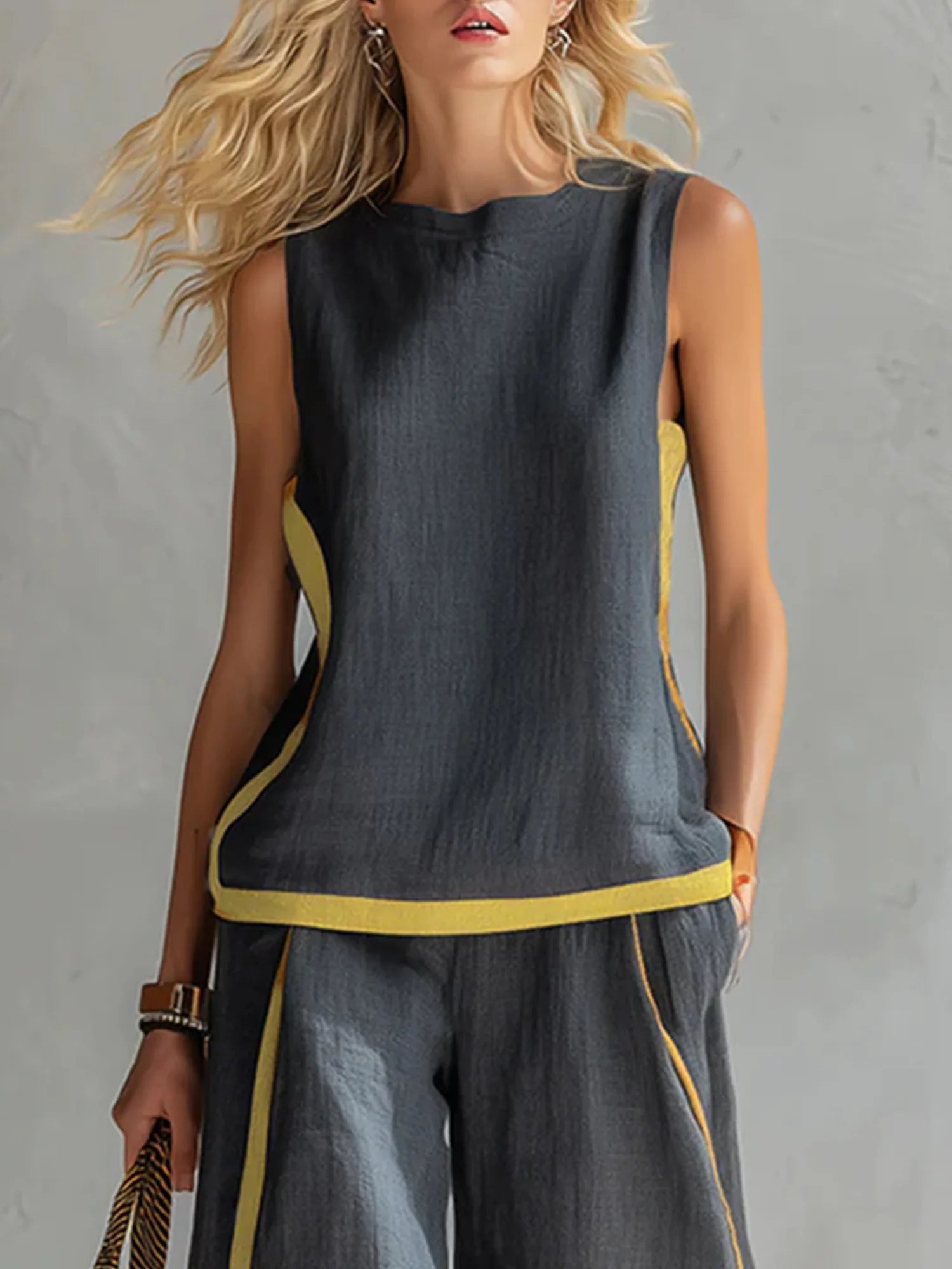 Women’s Gray Casual Cotton-Linen Blend Crew Neck Sleeveless Regular Full-Length Pants Set with Contrast Trim