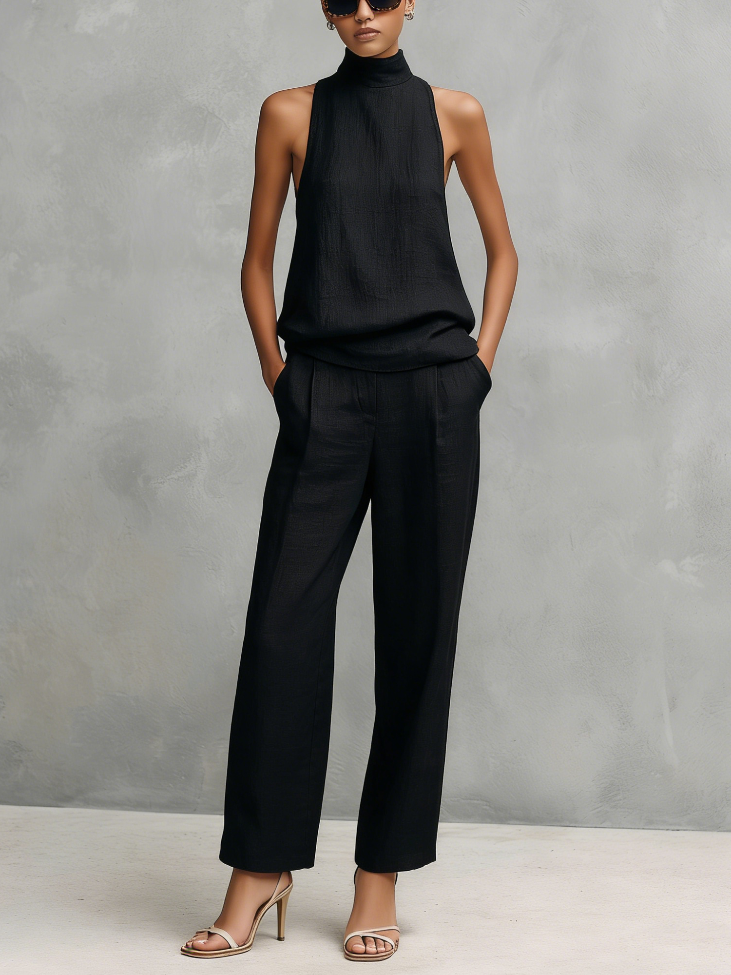 Women’s Black and White Elegant Cotton-Linen Blend Round-Neck Sleeveless Regular Full-Length Pants Set