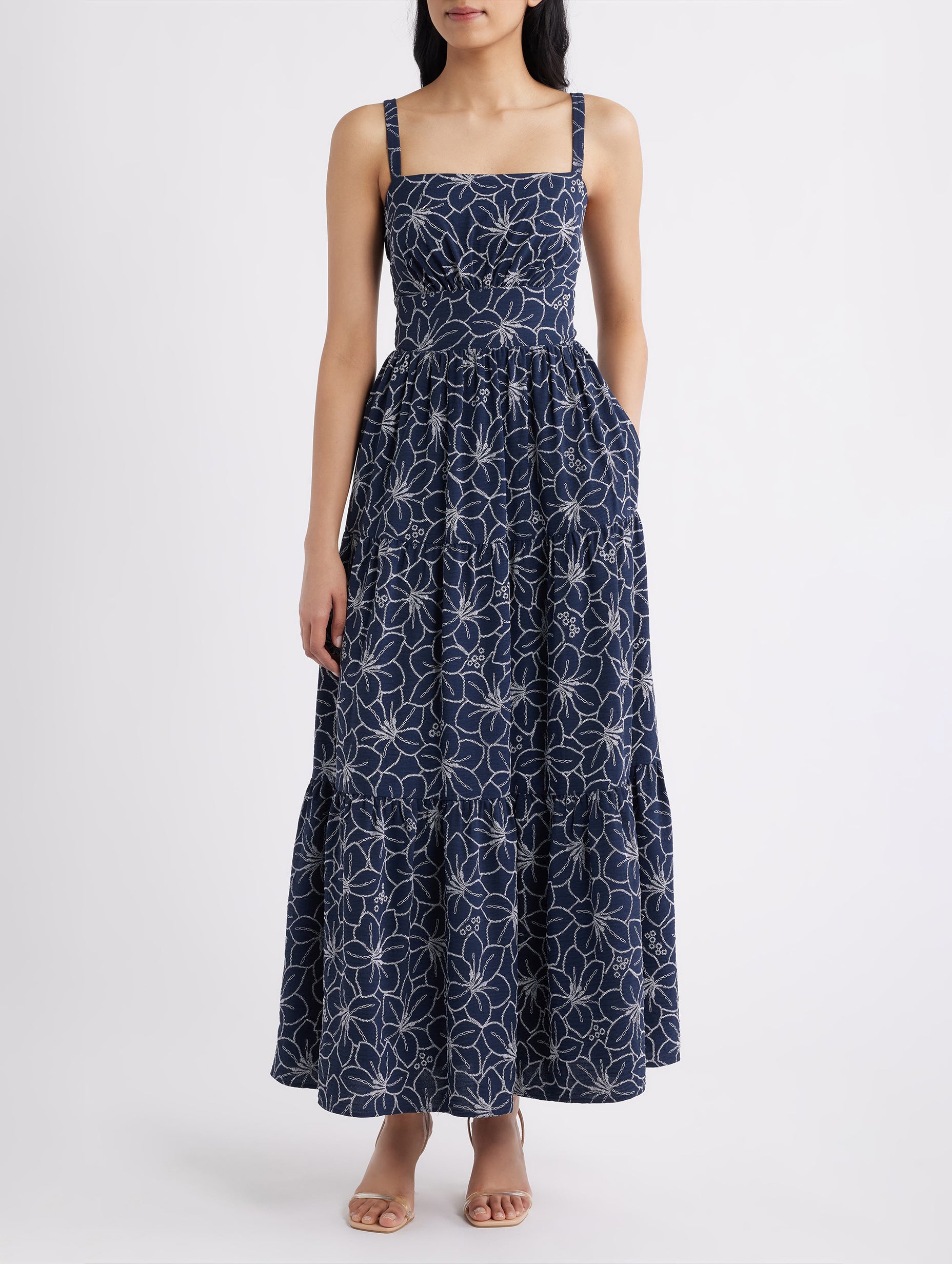 Women’s Navy Multi Romantic Square Neck Sleeveless Regular Maxi Dress with Floral Embroidery