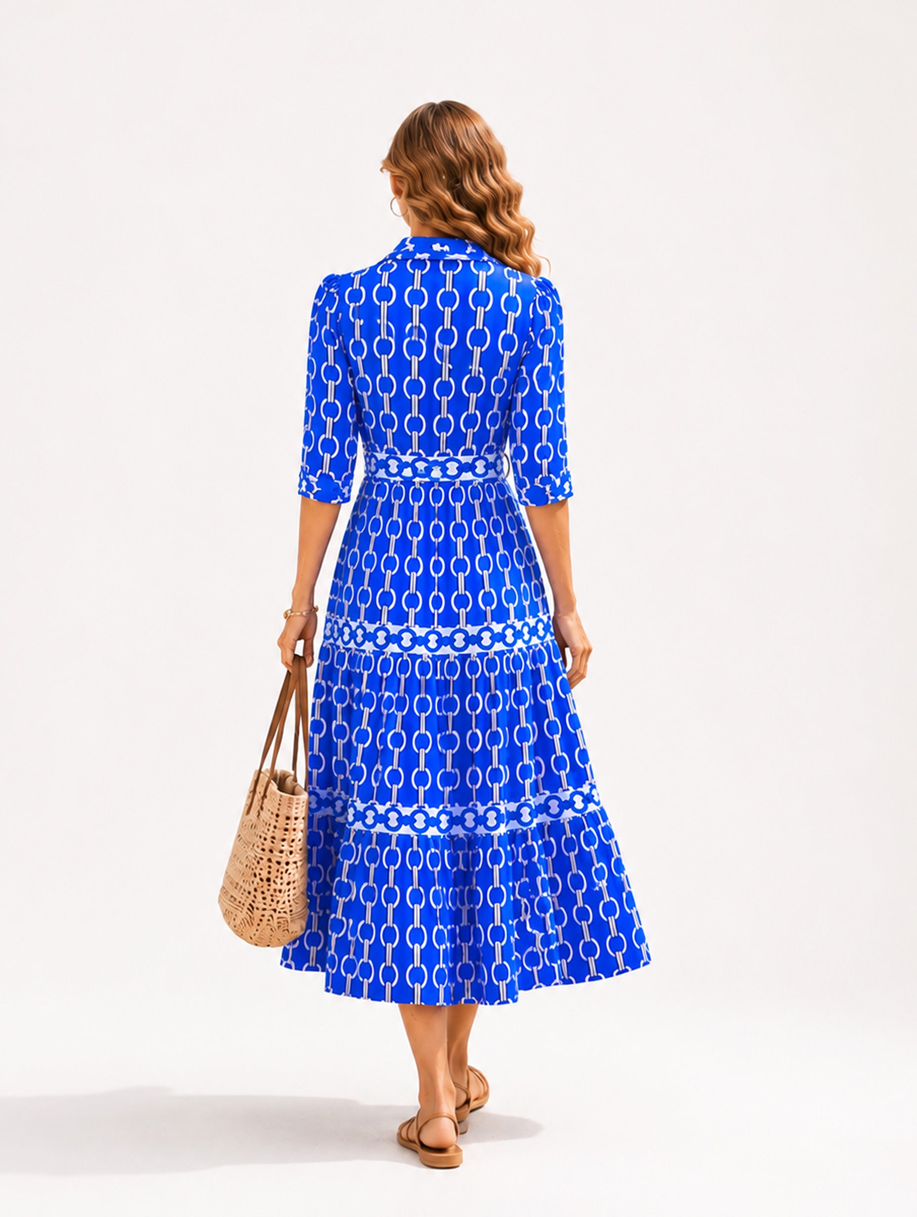 Women’s Blue White Elegant Mandarin Neck 3/4 Sleeve Regular Maxi Dress with Chain Print and Pockets