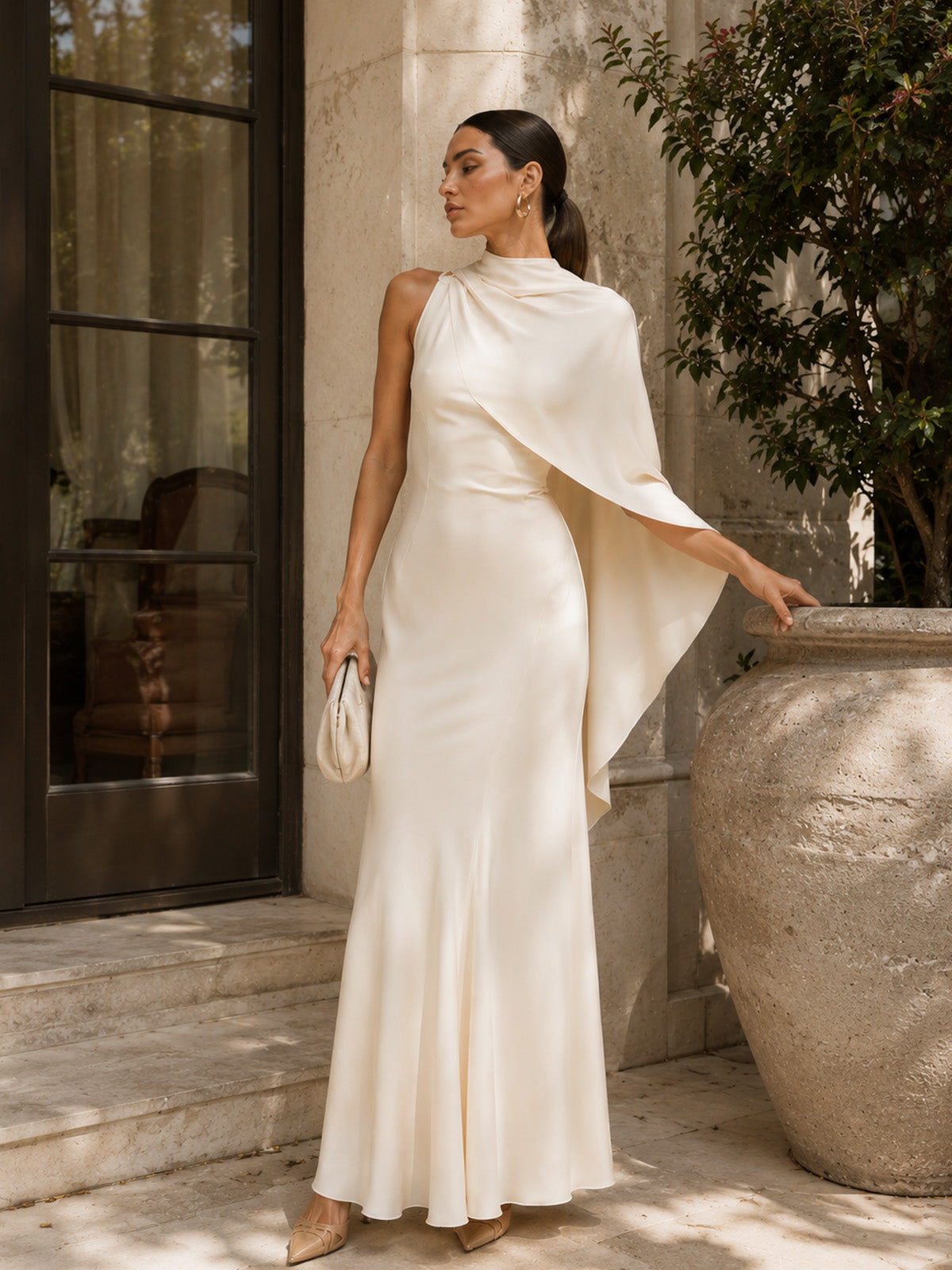 Women’s Glamorous Satin One-Shoulder Sleeveless Slim Mermaid Maxi Dress with Draped Train Detail