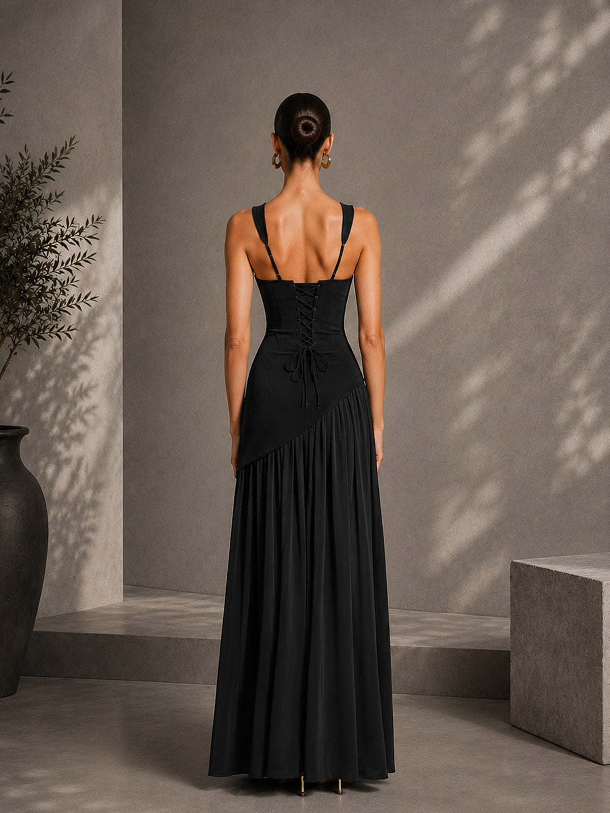 Women’s Olive Green Asymmetrical Stretch Square Neck Sleeveless Slim Maxi Dress with Slit