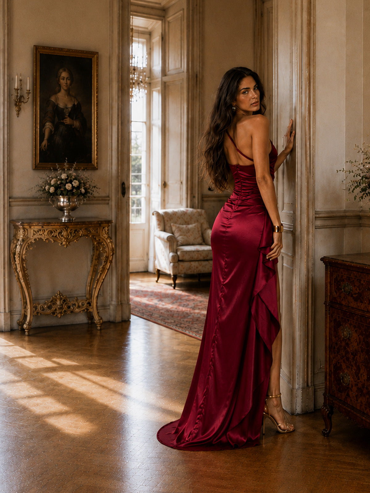 Women’s Burgundy Elegant Satin One Shoulder Sleeveless High Slit Maxi Dress