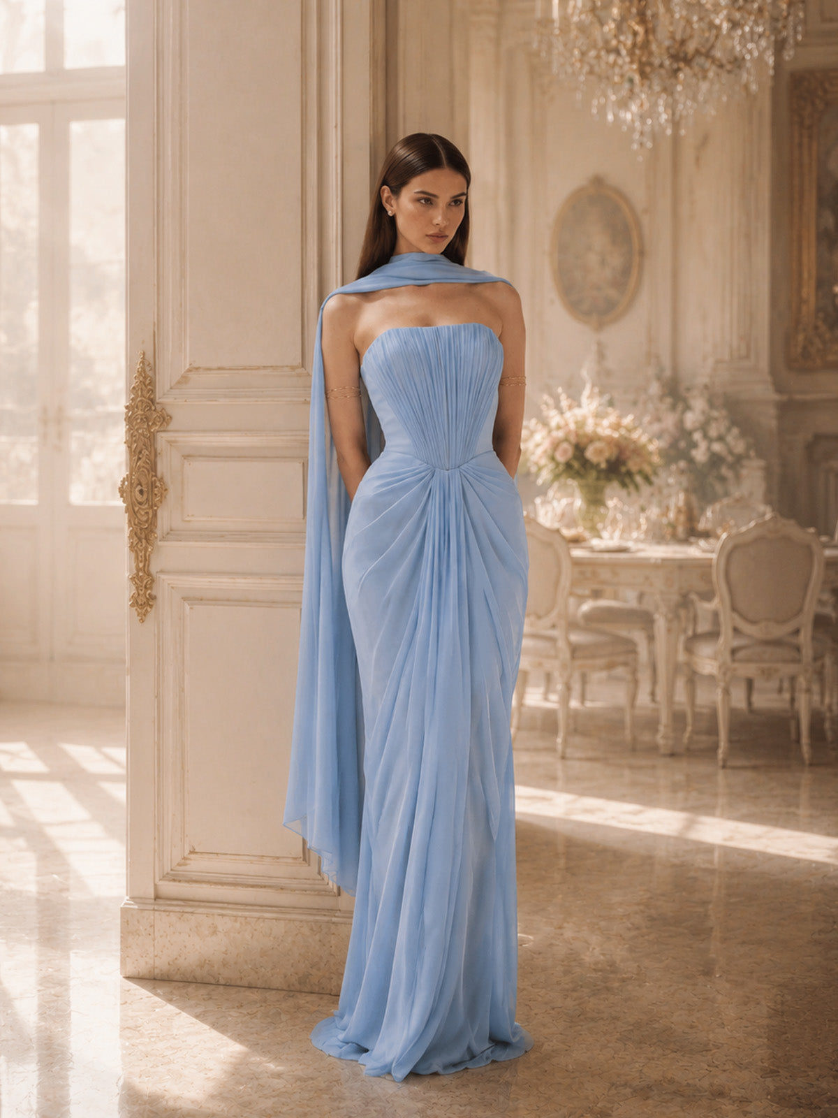 Women’s Light Blue Refined Chiffon Draped Cape Sleeve Maxi Dress