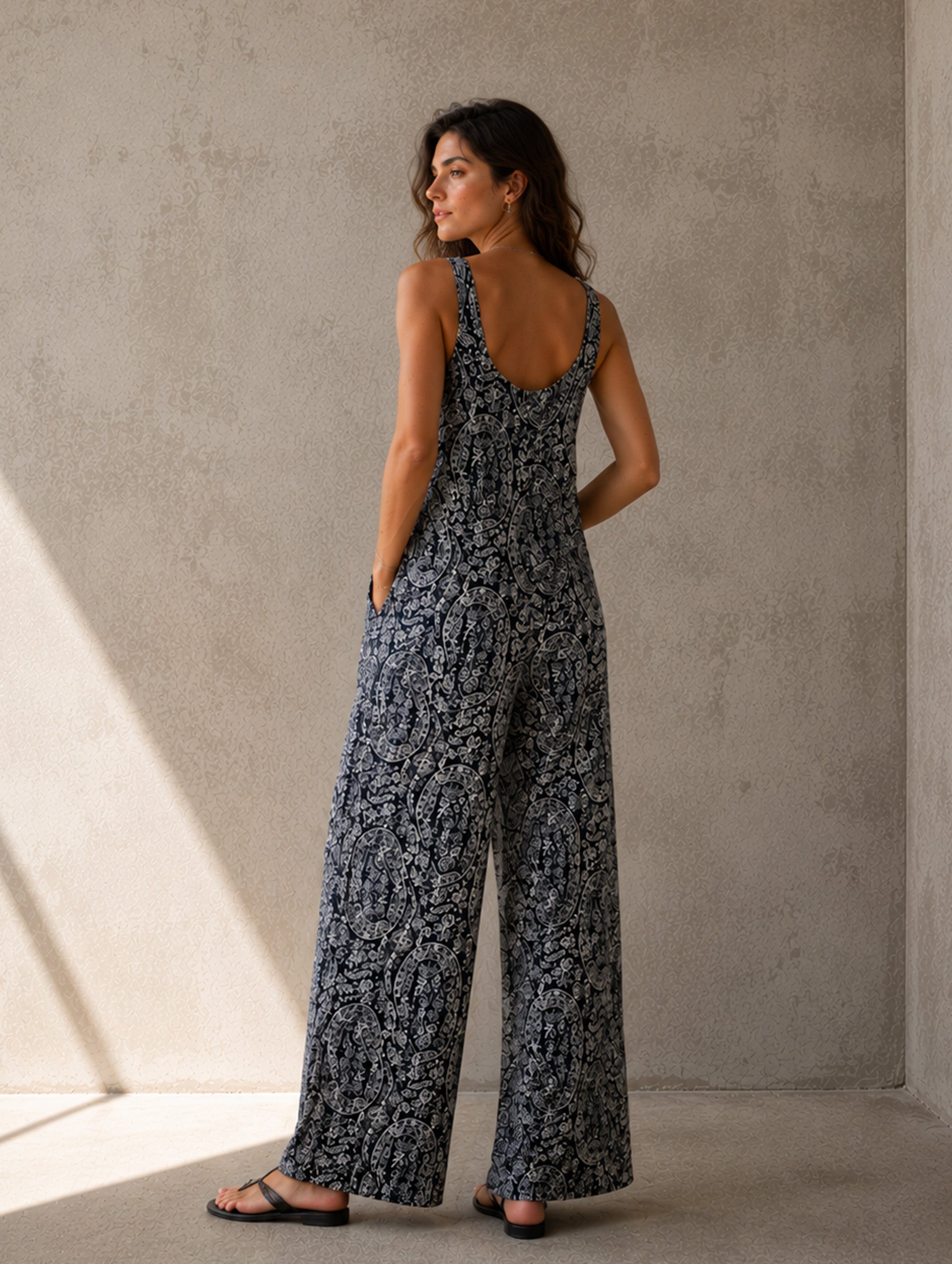 Women’s Black Bohemian Chiffon Scoop Neck Sleeveless Relaxed Cropped Wide-Leg Overall Jumpsuit with Paisley Print