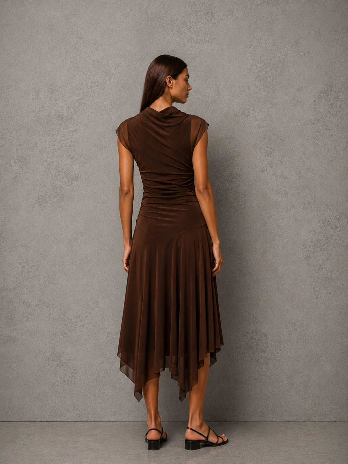 Women’s Black Sophisticated Draped Fabric High Neck Sheer Short Sleeve A-Line Midi Dress with Asymmetric Hem