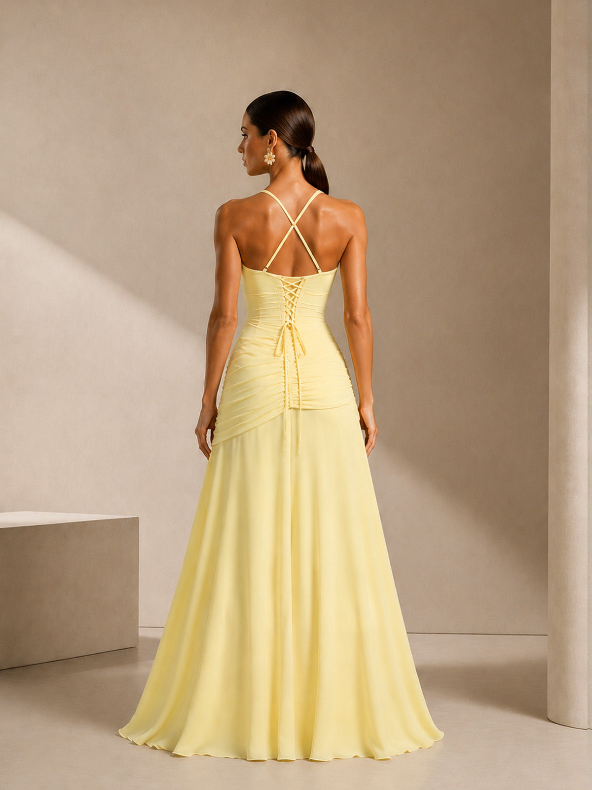 Women’s Yellow Elegant Ruched Square Neck Sleeveless Maxi Dress