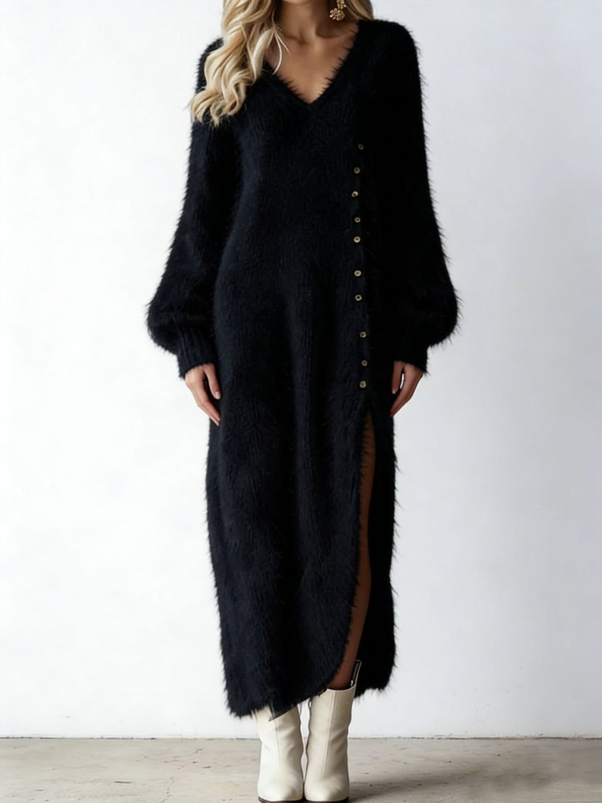 Women’s White Timeless Knit V Neck Long Sleeve Maxi Dress with Button Slit Detail