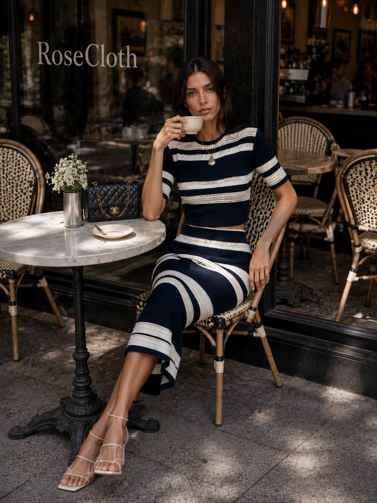 Women’s Navy Blue Chic Knit Square Neck Short Sleeve Top and Midi Skirt Set with Striped Detail