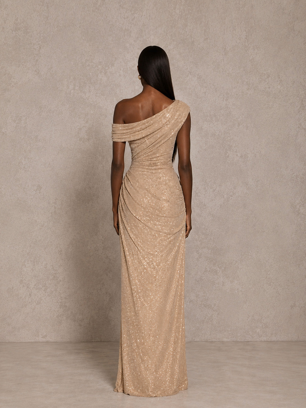 Women’s Champagne Elegant Sequin Off Shoulder Ruched Maxi Dress