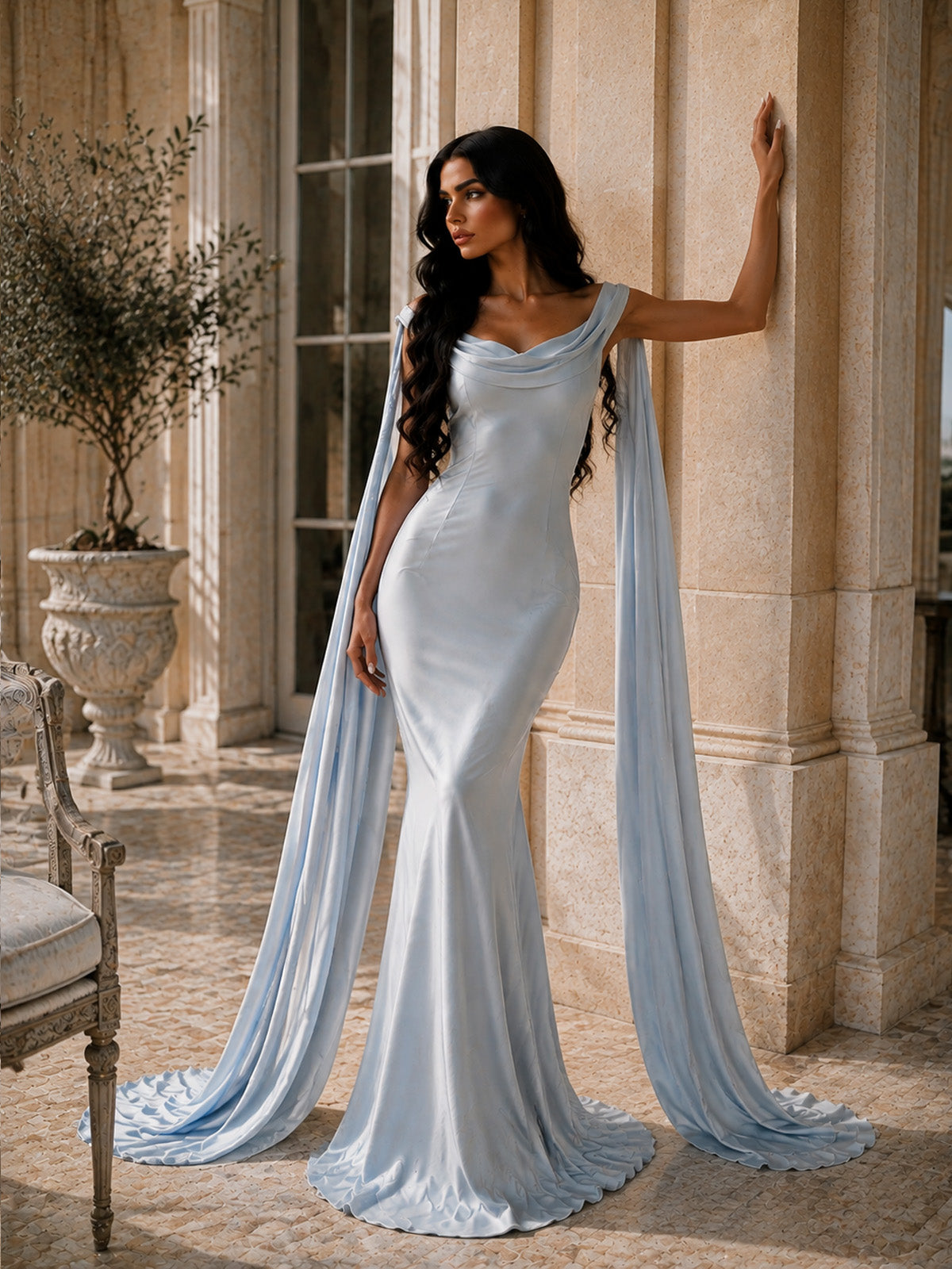 Women’s Light Blue Luxurious Satin Off Shoulder Cape Sleeve Mermaid Maxi Dress