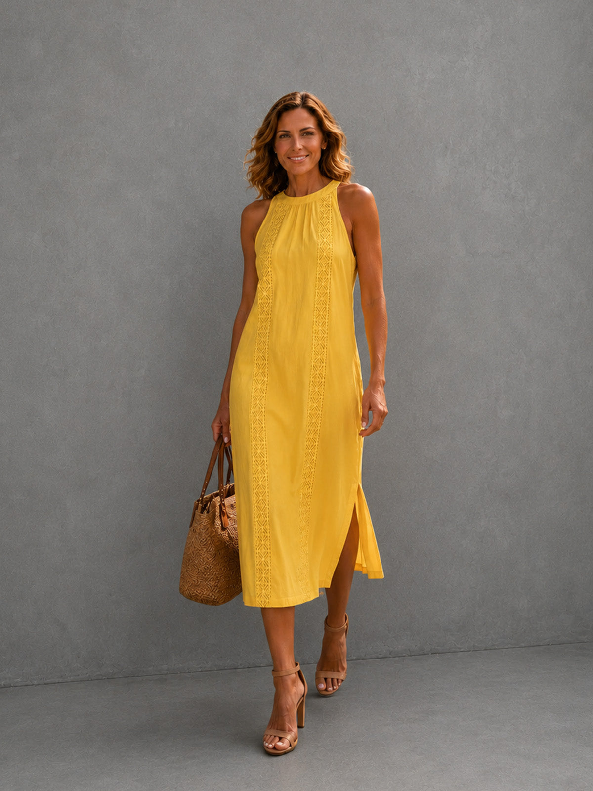 Women’s Sky Blue Elegant High-Neck Sleeveless Regular Midi Daily Dress