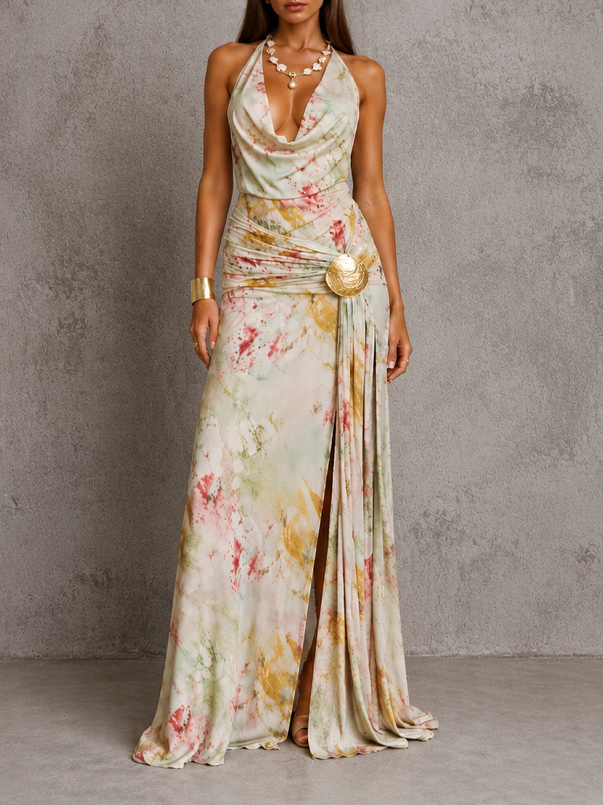 Women’s Floral Print Elegant Halter Neck Ruched Split Maxi Dress