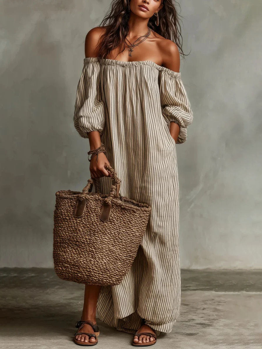 Women’s Beige Striped Bohemian Linen-Cotton Off-Shoulder Three-Quarter Sleeves Loose Maxi Dress with Side Pockets