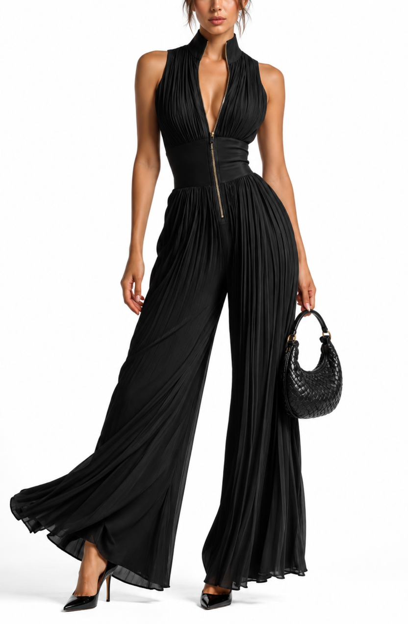 Women’s White and Black Elegant Collared Sleeveless Fitted Wide-Leg Jumpsuit