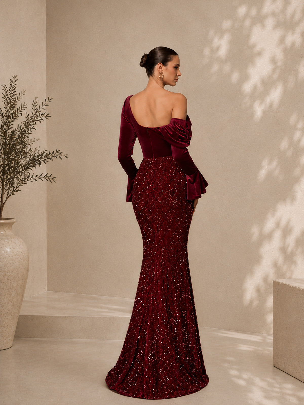 Women’s Burgundy Velvet Sequin Off Shoulder Mermaid Fit Maxi Evening Dress