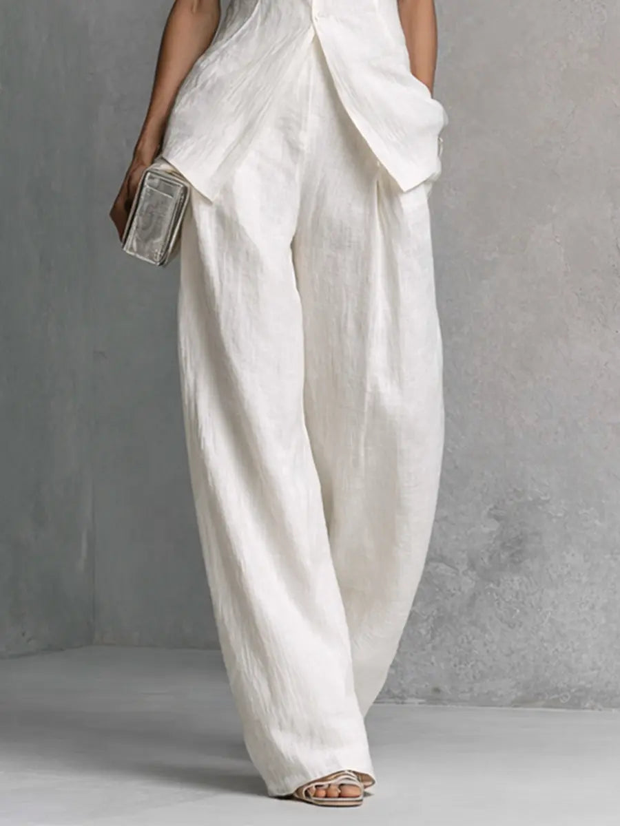 Women’s Multi-Color Elegant Cotton-Linen Stand-Collar Sleeveless Relaxed Wide-Leg Pants Set