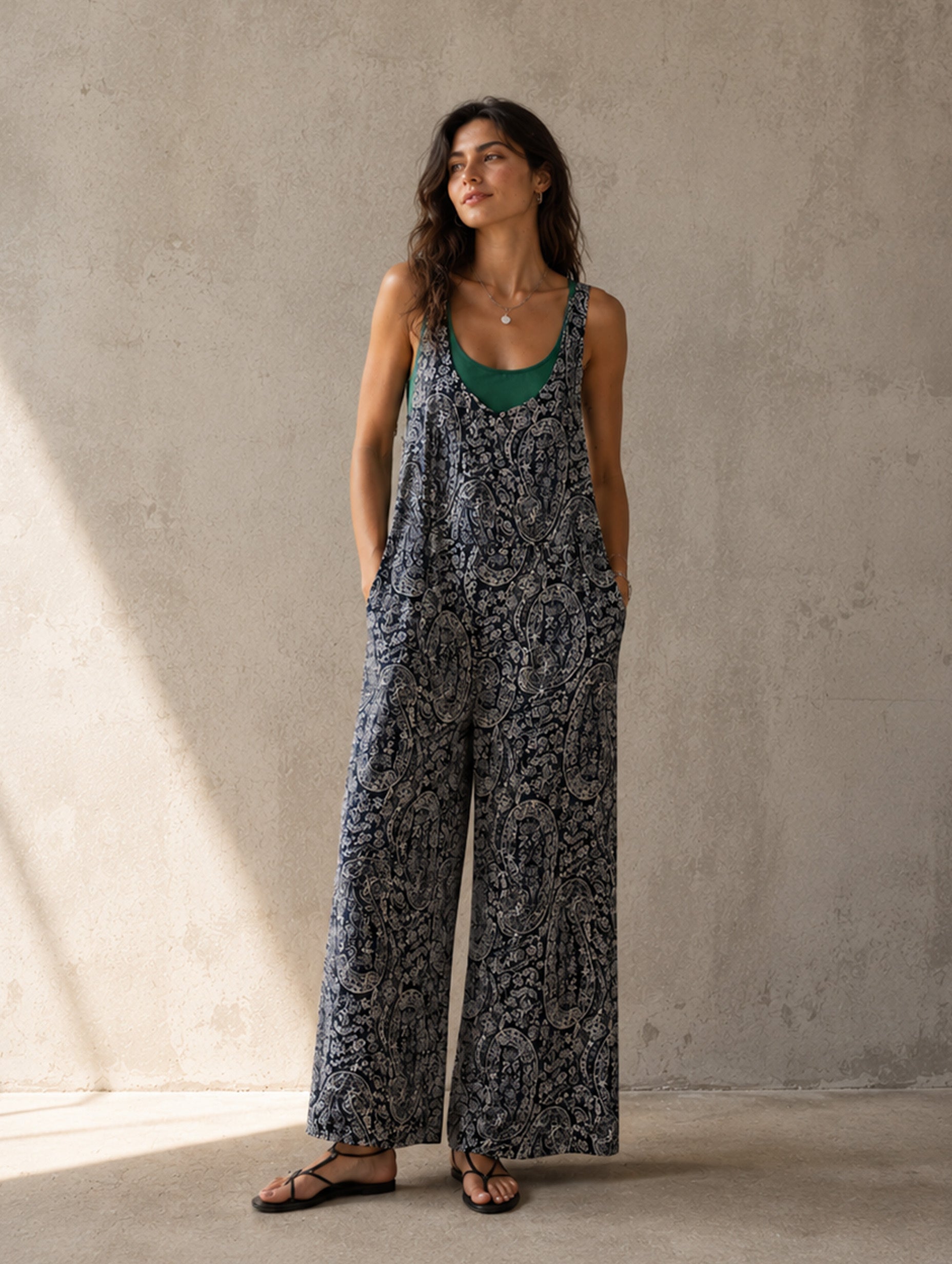 Women’s Black Bohemian Chiffon Scoop Neck Sleeveless Relaxed Cropped Wide-Leg Overall Jumpsuit with Paisley Print