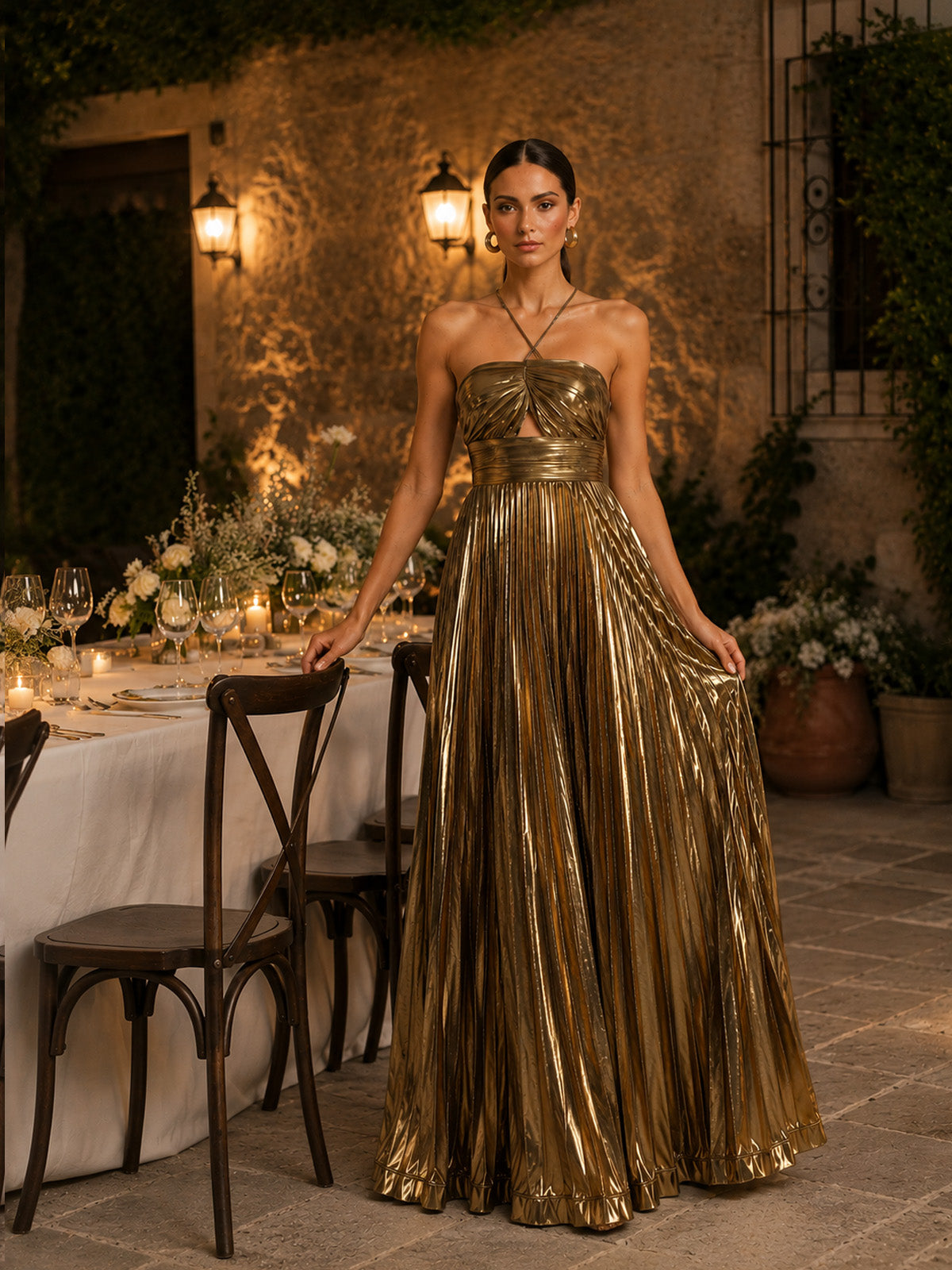 Women’s Gold Elegant Metallic Pleated Halter Neck Sleeveless A-Line Maxi Dress