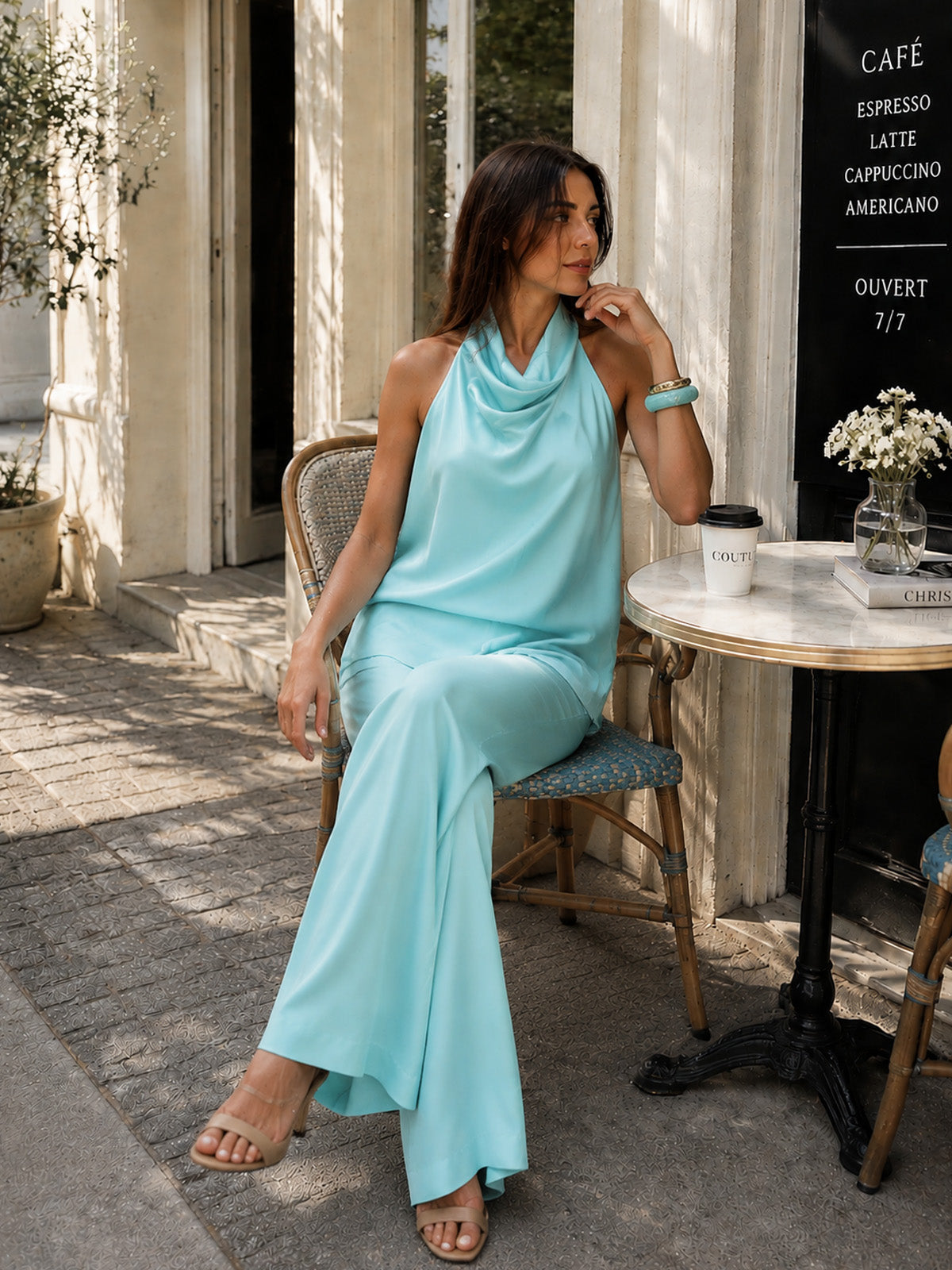 Women’s Aqua Blue Satin Halter Neck Backless Wide Leg Jumpsuit