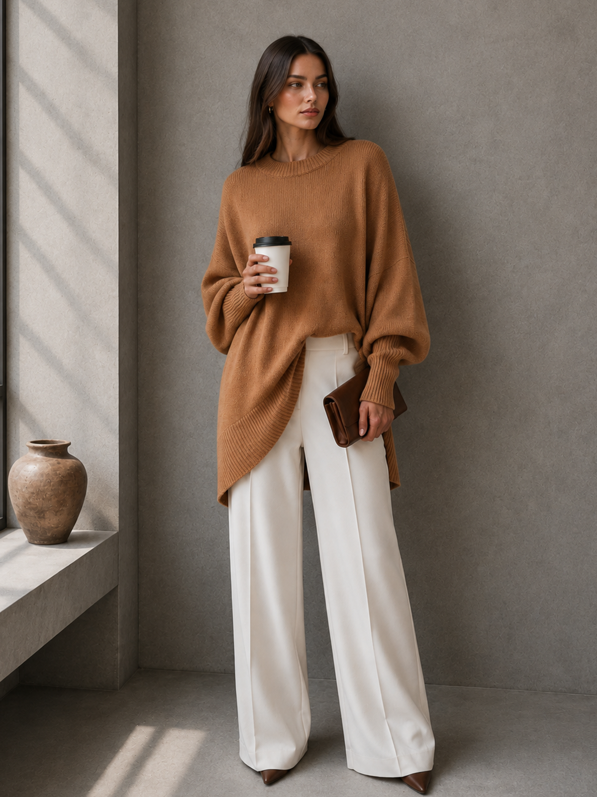 Women’s Ivory Minimalist Knit Crew Neck Long Batwing Sleeve Oversized Sweater