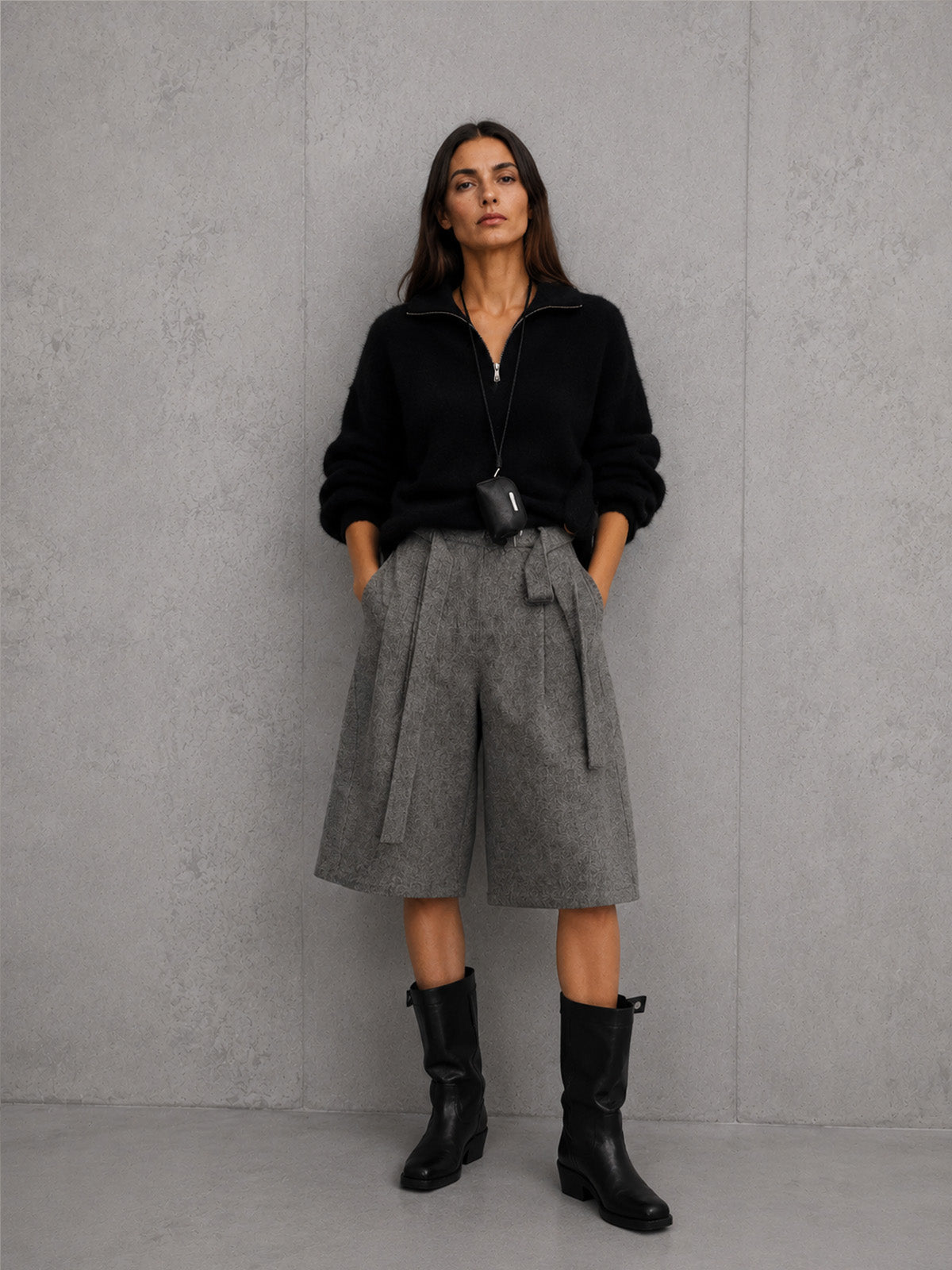 Women’s Black Modern Knit Stand Collar Long Sleeve Top and Gray Wide Leg Bermuda Shorts Set