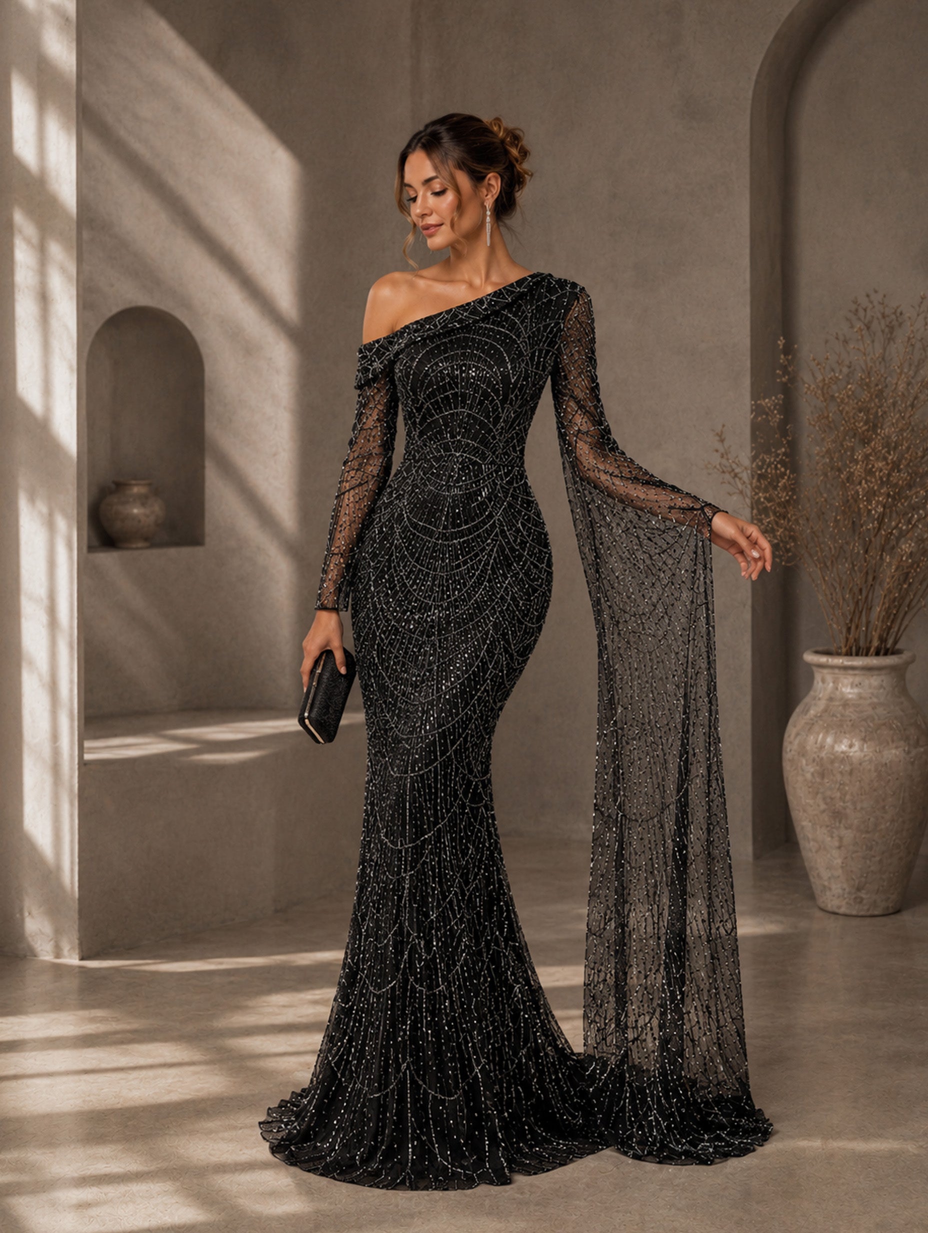 Women’s Elegant Sequin Asymmetrical Neck One Long Sleeve Regular Mermaid Maxi Dress with Beaded Detail