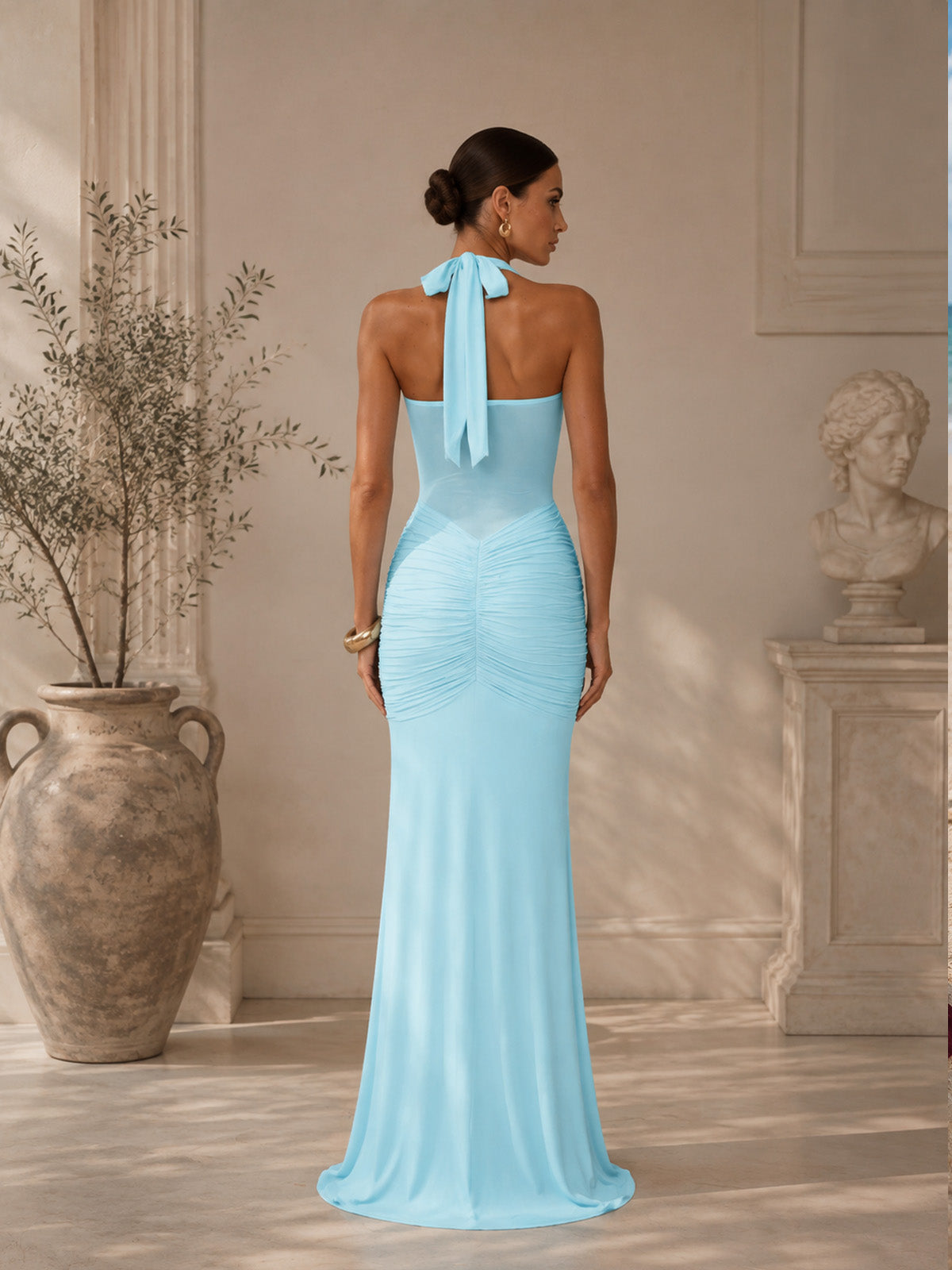 Women’s Burgundy Elegant Ruched Halter Neck Backless Maxi Dress