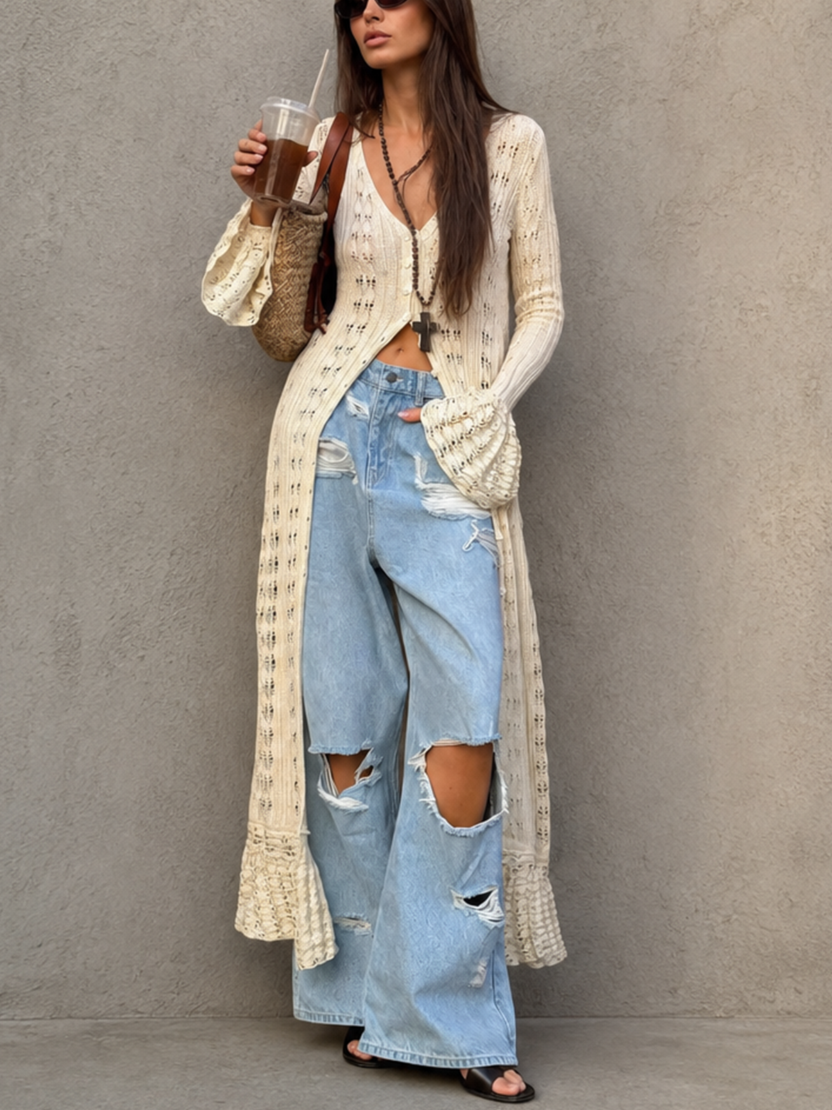 Women’s Ivory Bohemian Crochet Knit V Neck Long Bell Sleeve Longline Cardigan with Ruffle Hem Detail