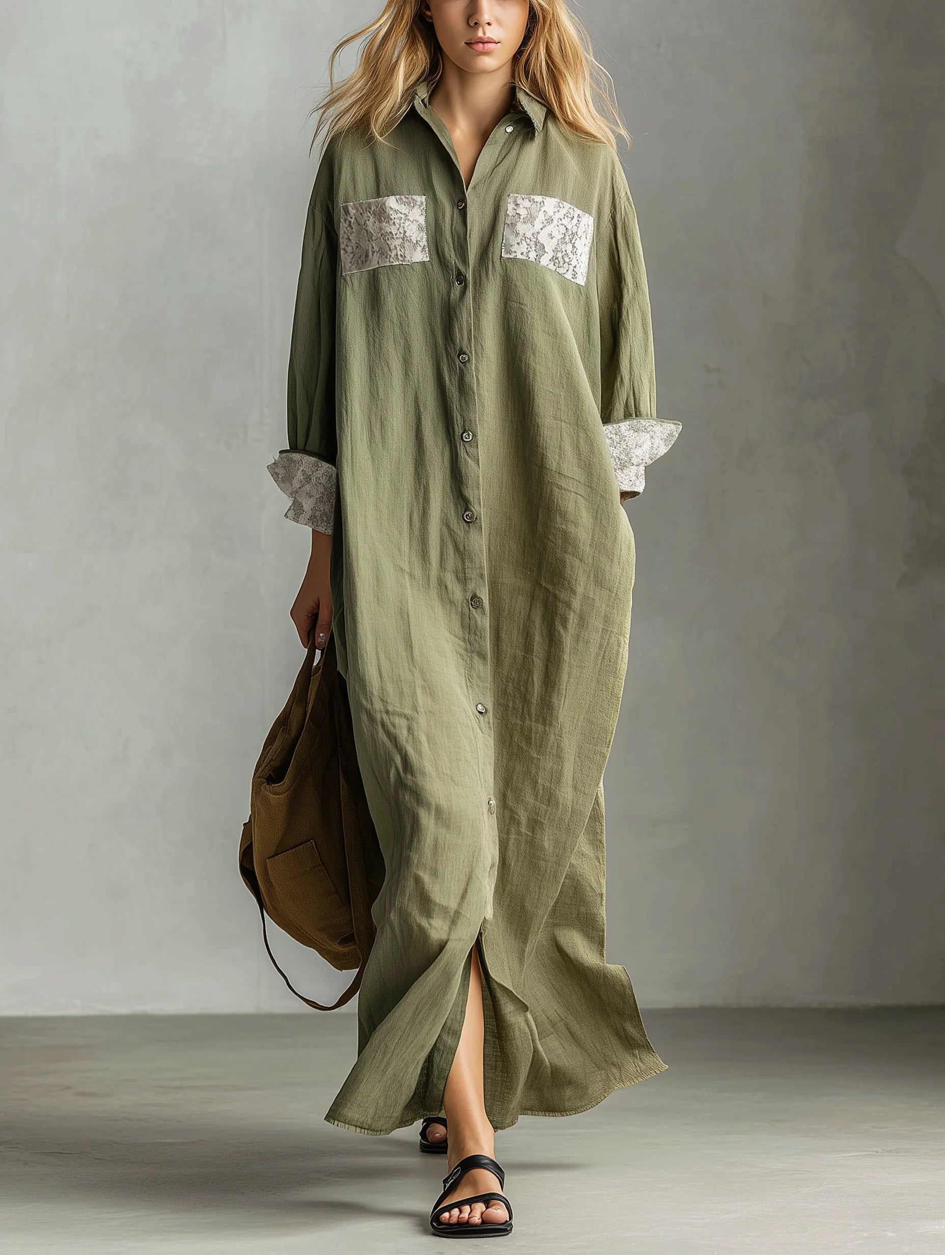 Women’s Olive Casual Cotton Blend Classic Collar Long Sleeve Relaxed Shirt Dress