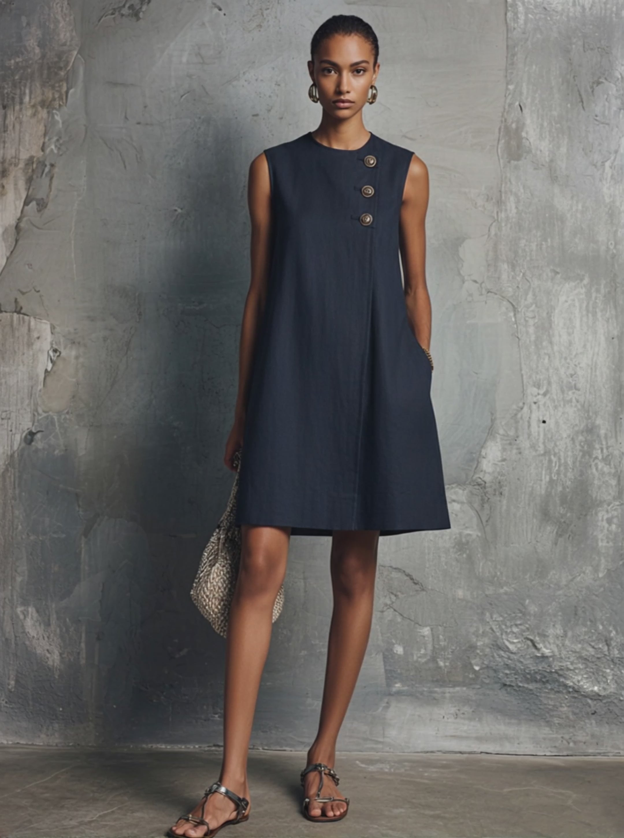 Women’s Blue Khaki and White Minimalist Linen Round-Neck Sleeveless Relaxed Mini Daily Dress