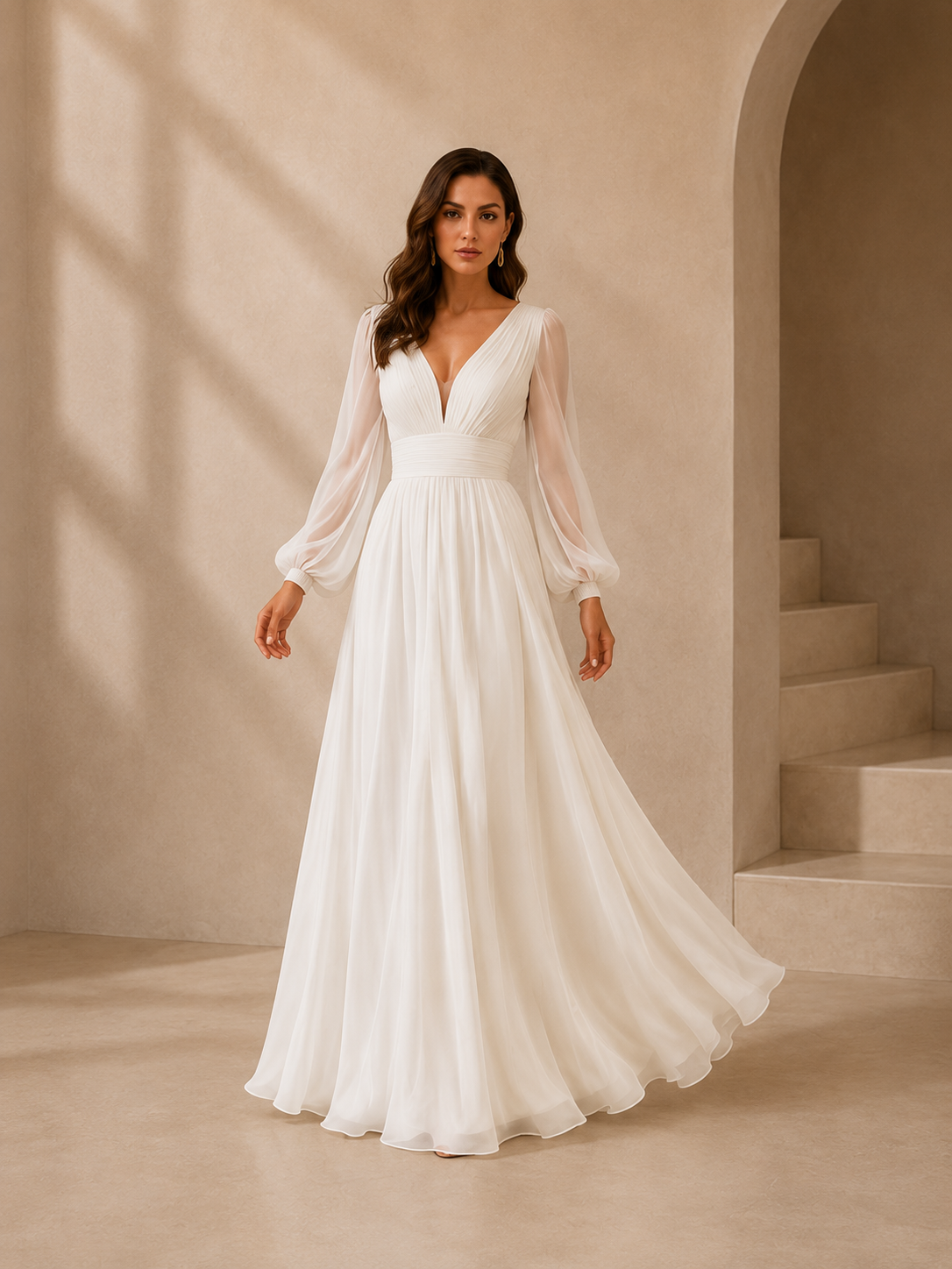 Vestido de Invitada de Boda de Chifón Elegante en Azul Marino con Escote en V y Manga Larga Regular de Largo hasta el Suelo con Detalle Plisado para Mujeres