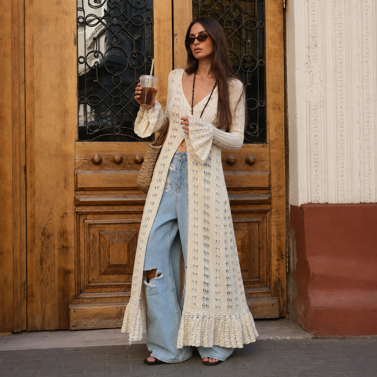 Women’s Ivory Bohemian Crochet Knit V Neck Long Bell Sleeve Longline Cardigan with Ruffle Hem Detail