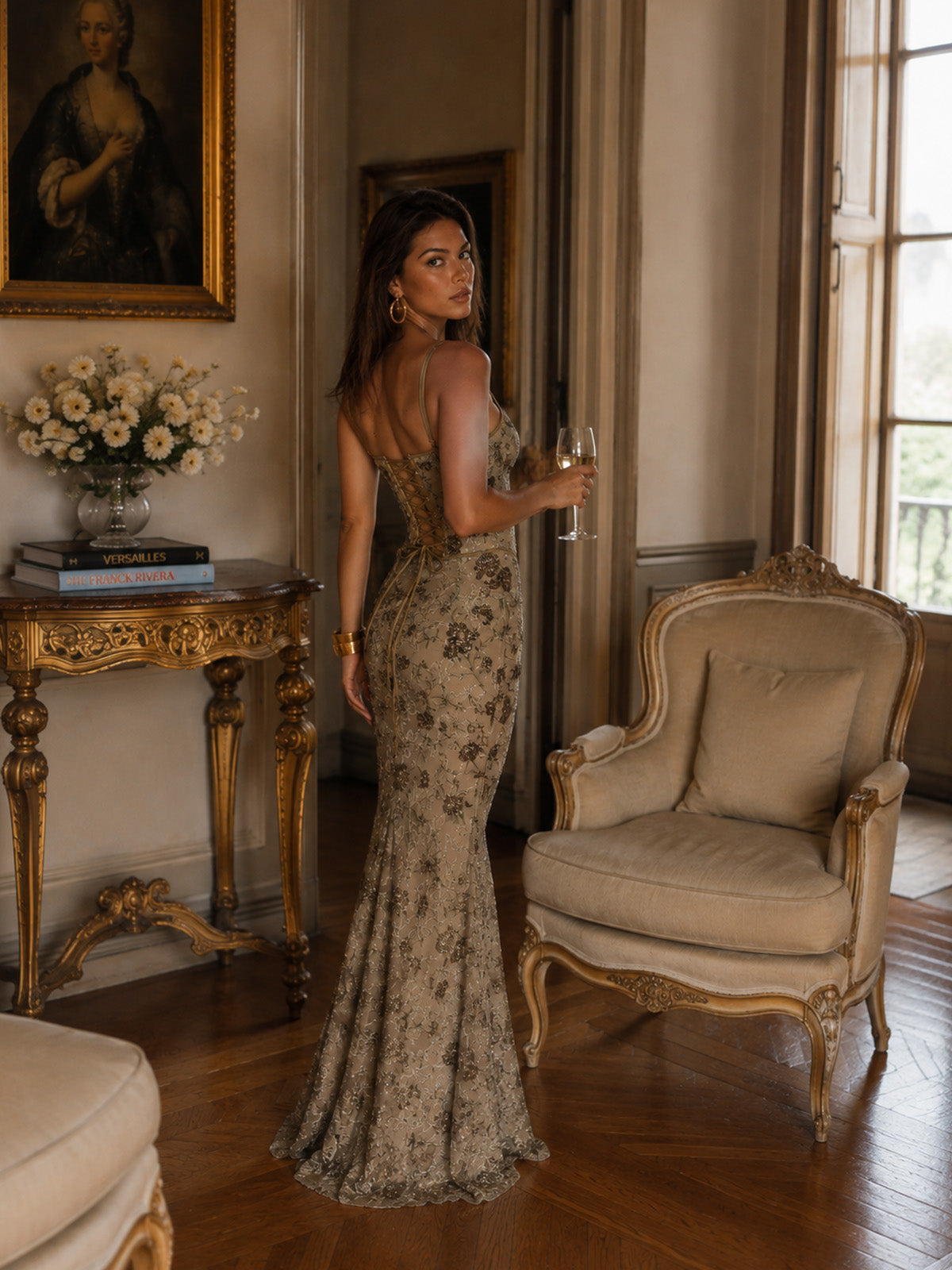 Women’s Champagne Luxe Embroidered Mesh Spaghetti Strap Mermaid Maxi Dress