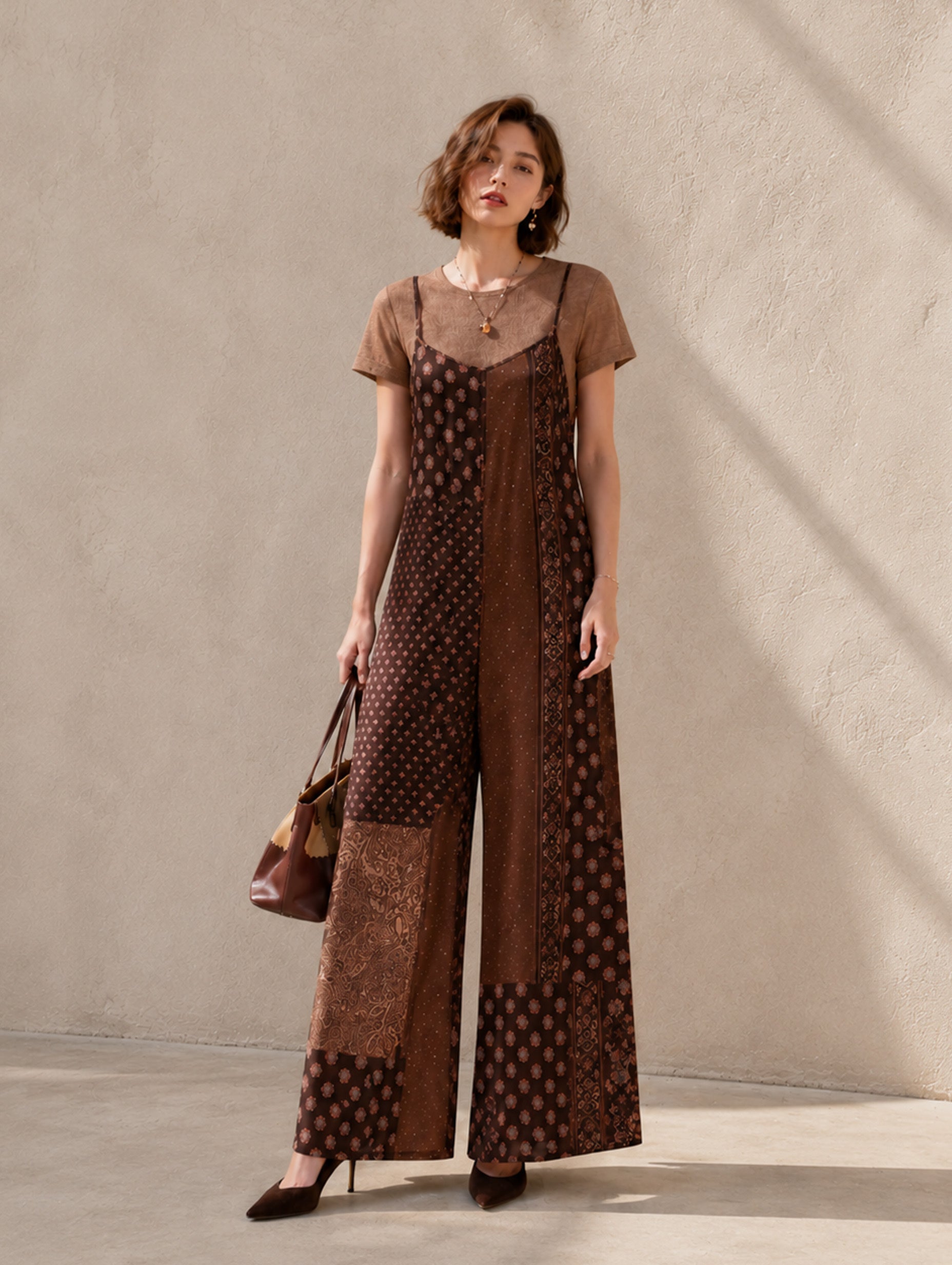Women’s Coffee Brown Elegant Lightweight Woven Round Neck Short Sleeve Regular Full-Length Straight-Leg Jumpsuit with Polka Dot Print