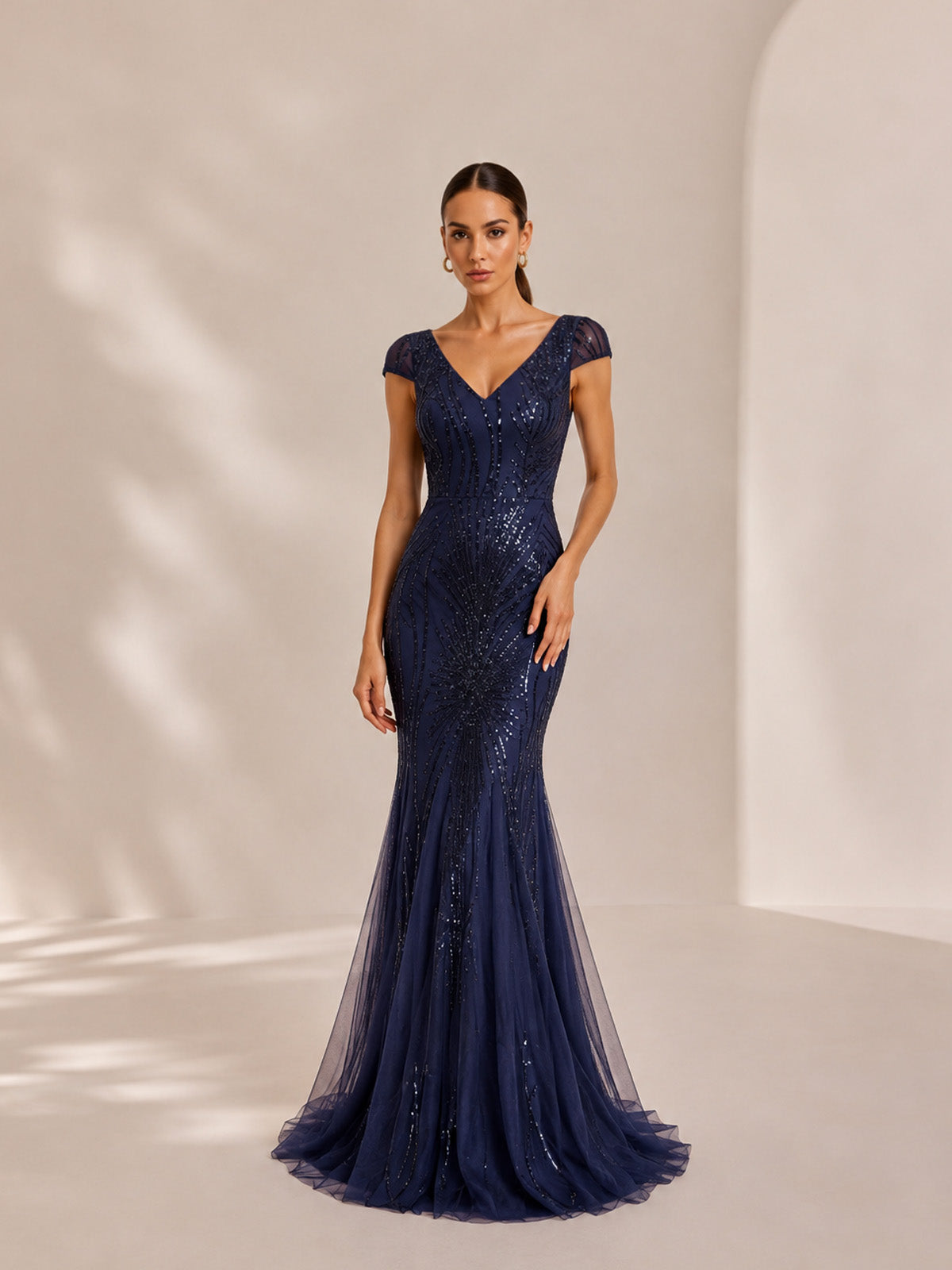 Women’s Emerald Green Vintage-Inspired Sequin V Neck Short Sleeve Mermaid Fit Maxi Evening Dress
