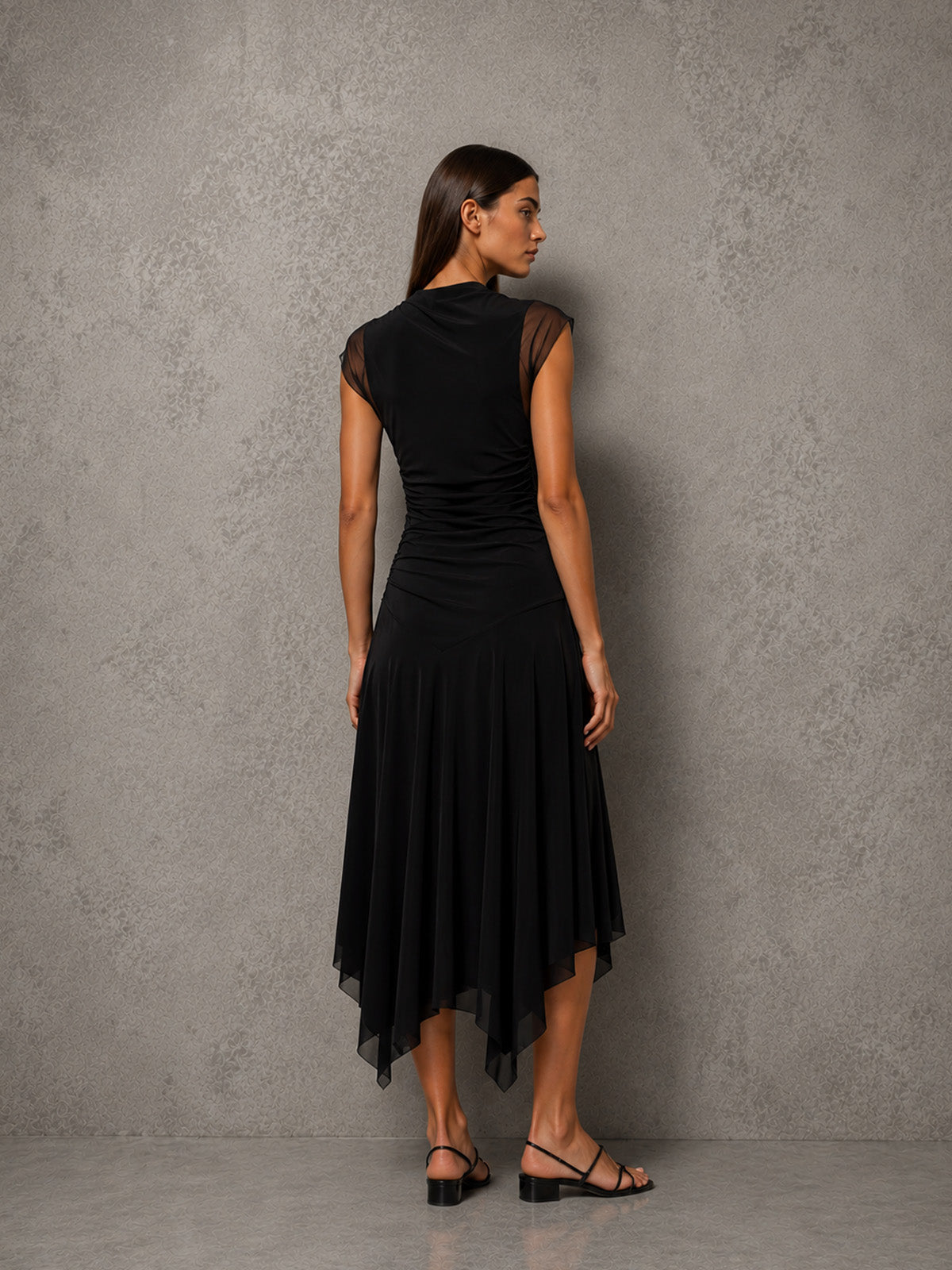 Women’s Black Sophisticated Draped Fabric High Neck Sheer Short Sleeve A-Line Midi Dress with Asymmetric Hem