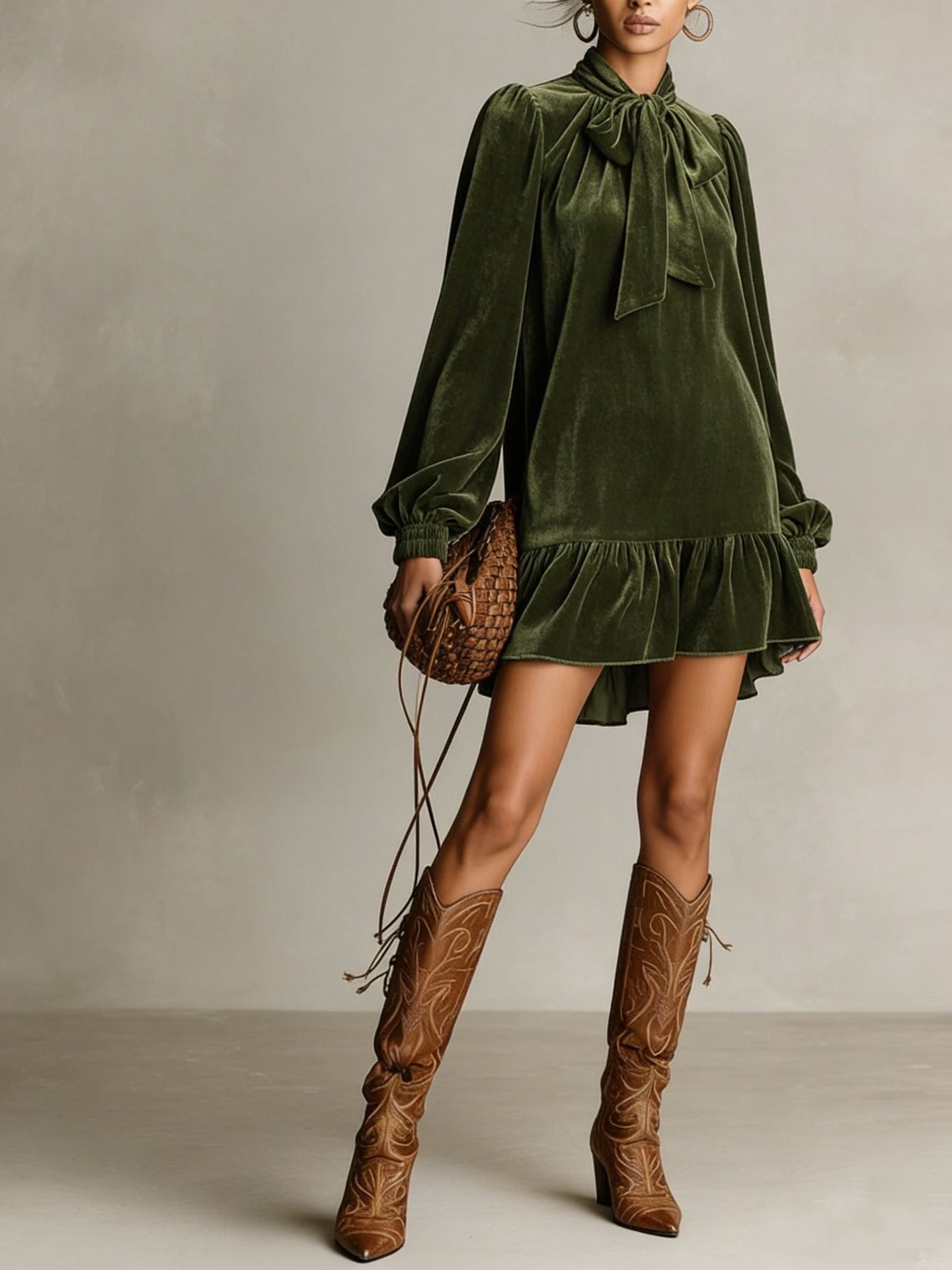 Women’s Dark‑Green Retro Velvet Bow‑Tie High Neck Lantern‑Sleeve Loose‑Fit Mini Dress with Ruffle Hem