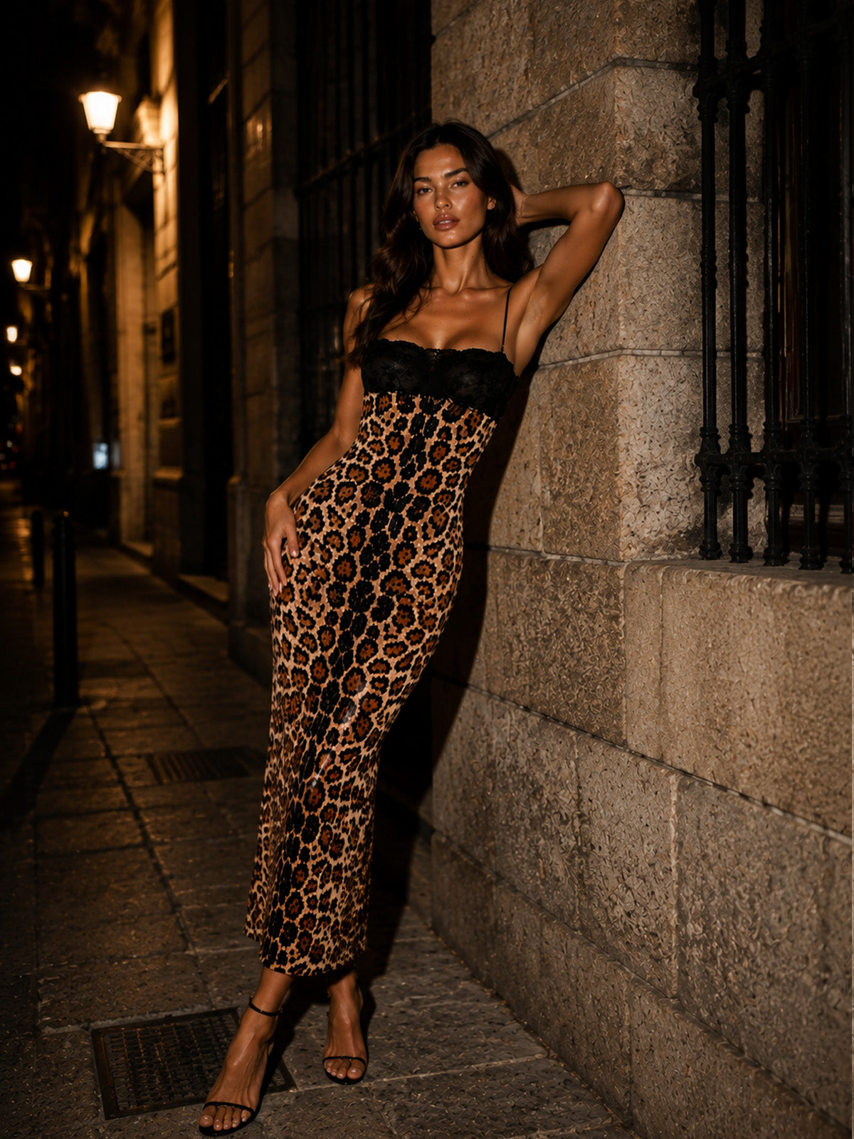 Women’s Leopard Print Elegant Lace Strap Maxi Dress