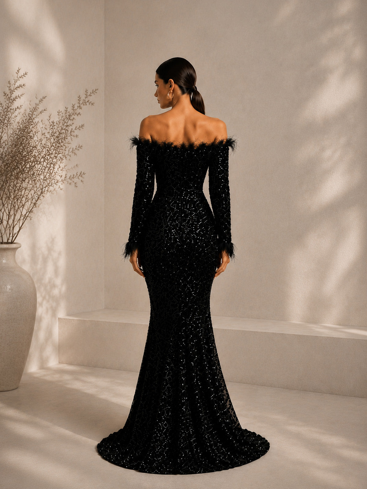 Women’s Burgundy Luxe Sequin Off Shoulder Long Sleeve Mermaid Maxi Dress