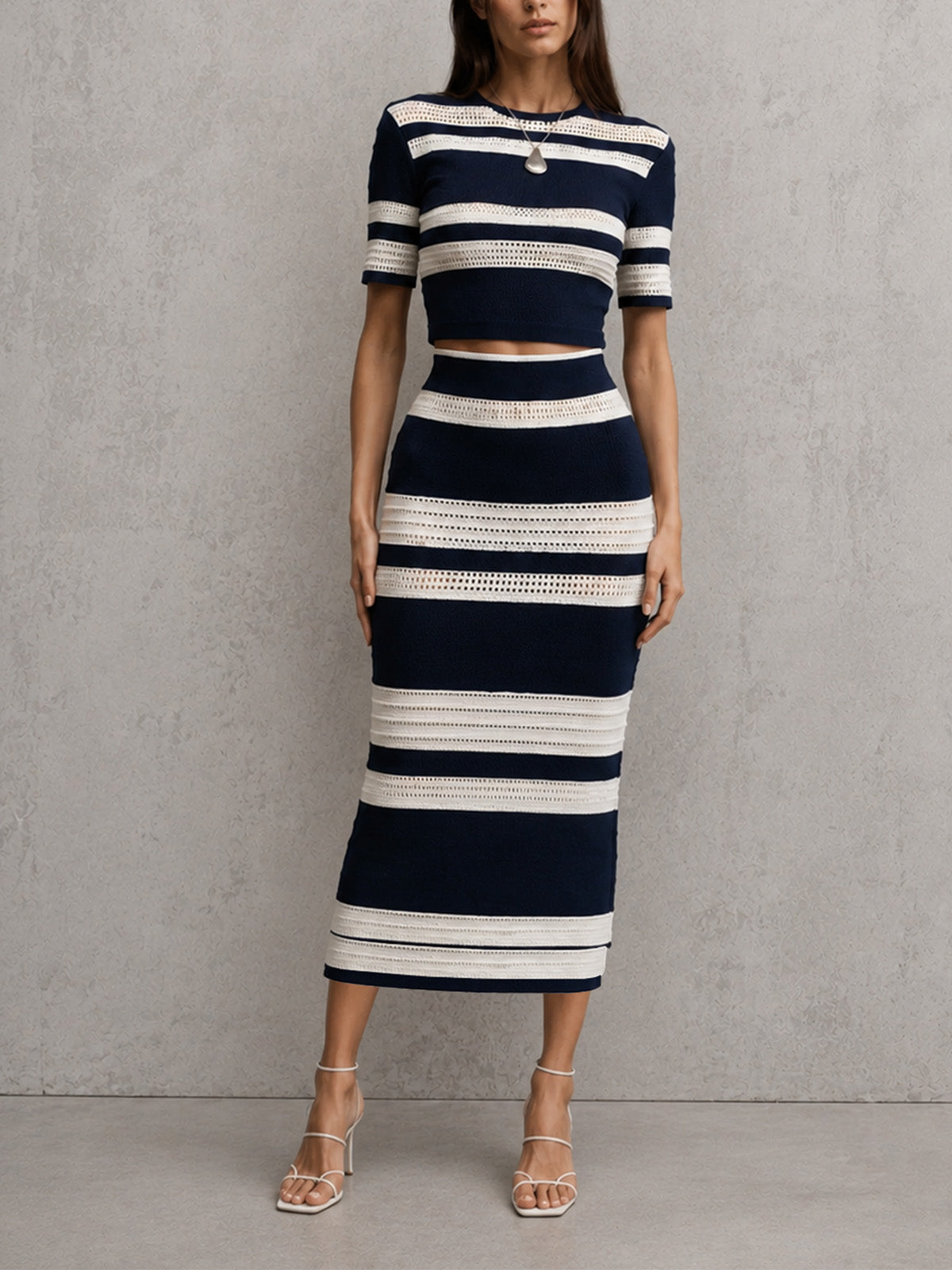 Women’s Navy Blue Chic Knit Square Neck Short Sleeve Top and Midi Skirt Set with Striped Detail